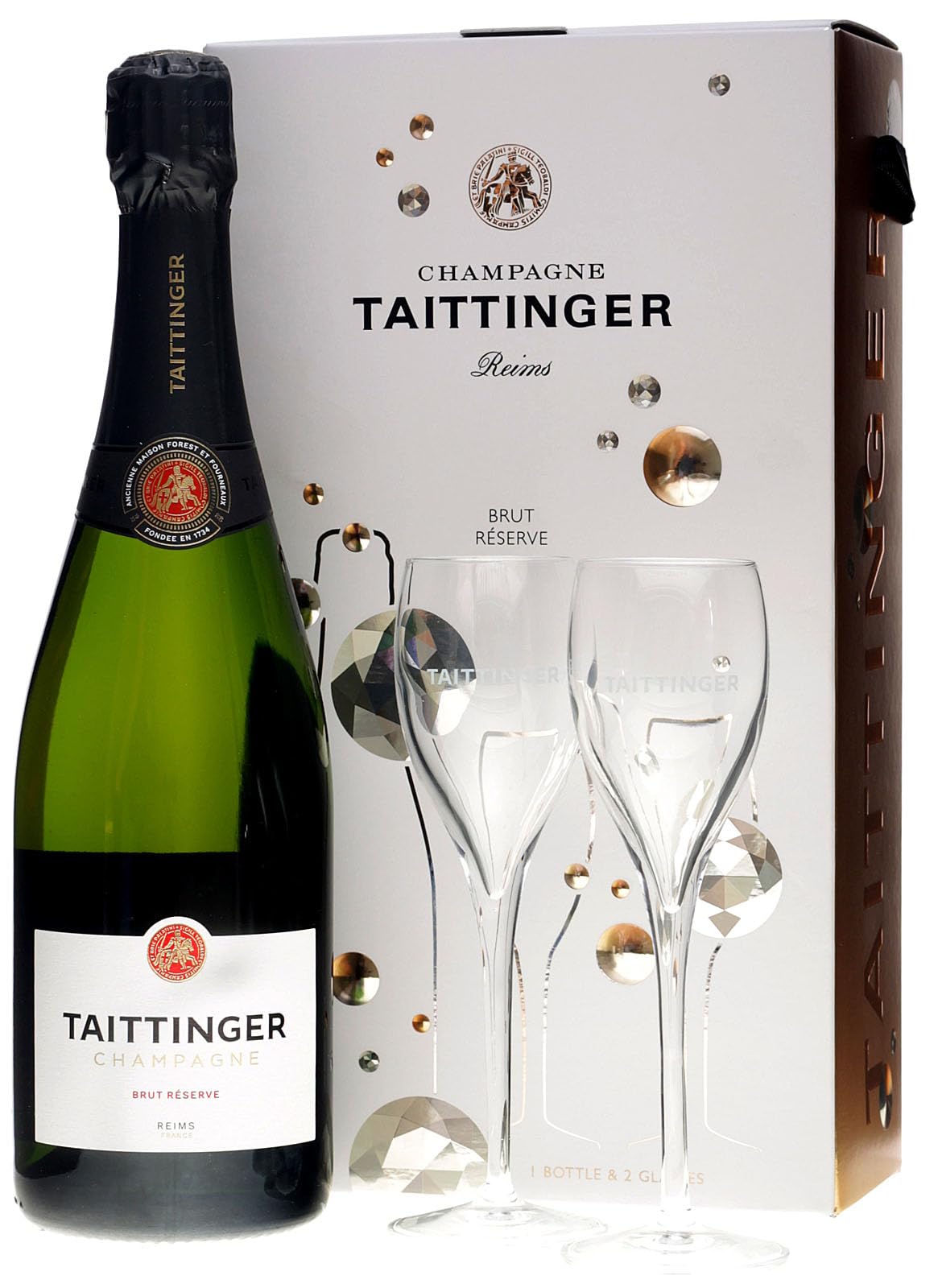 Taittinger Champagne Reserve Brut mit 2 Champagnergläsern GP 0,75 Liter 12,5 Vol.
