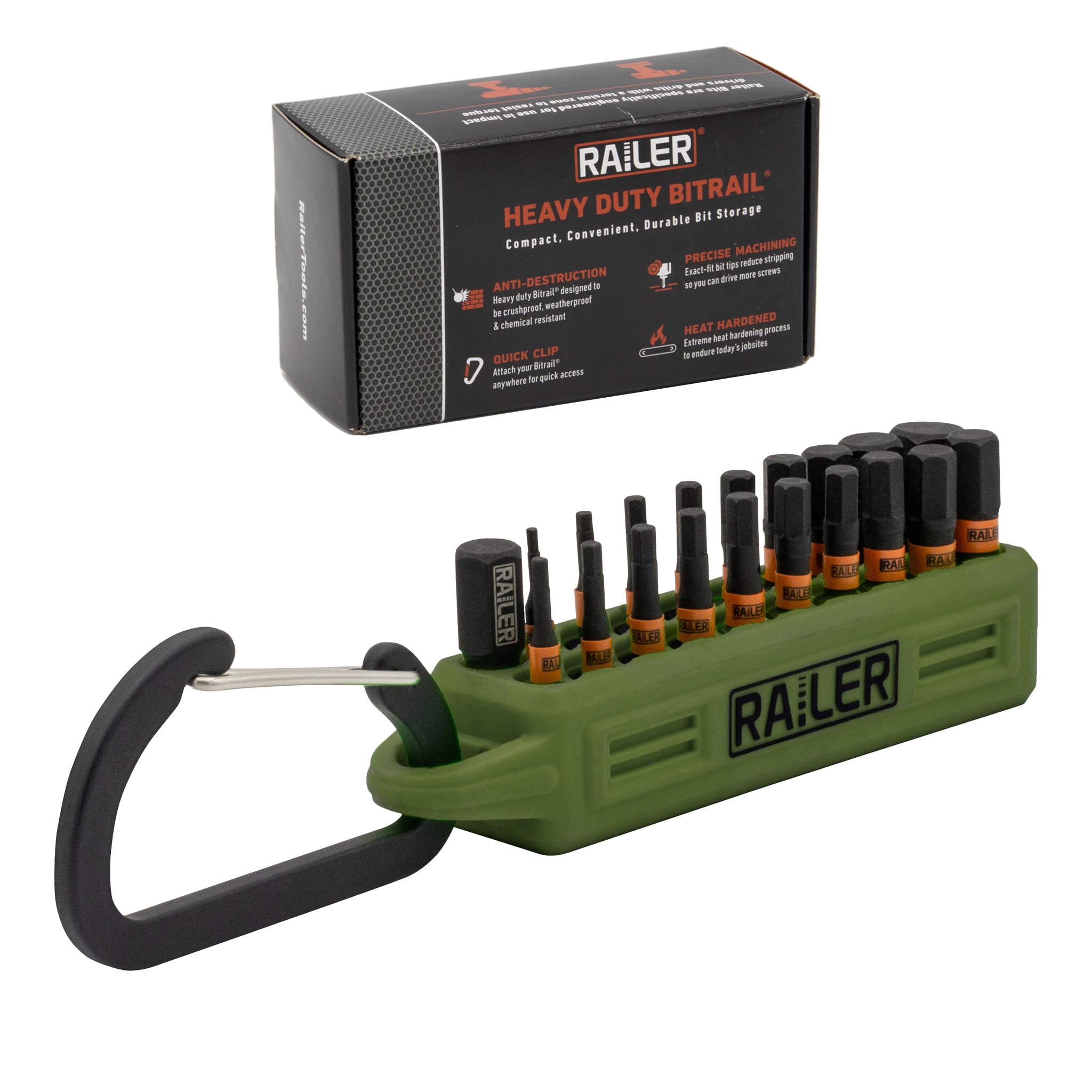 Railer Camo Green Bitrail Allen Wrench Hex Bit Set - 1 Inch Impact Driver 20Pc Hex Bit Set With A Bit Holder & Carabiner. Premium S2 Steel, Ideal For Furniture Screws