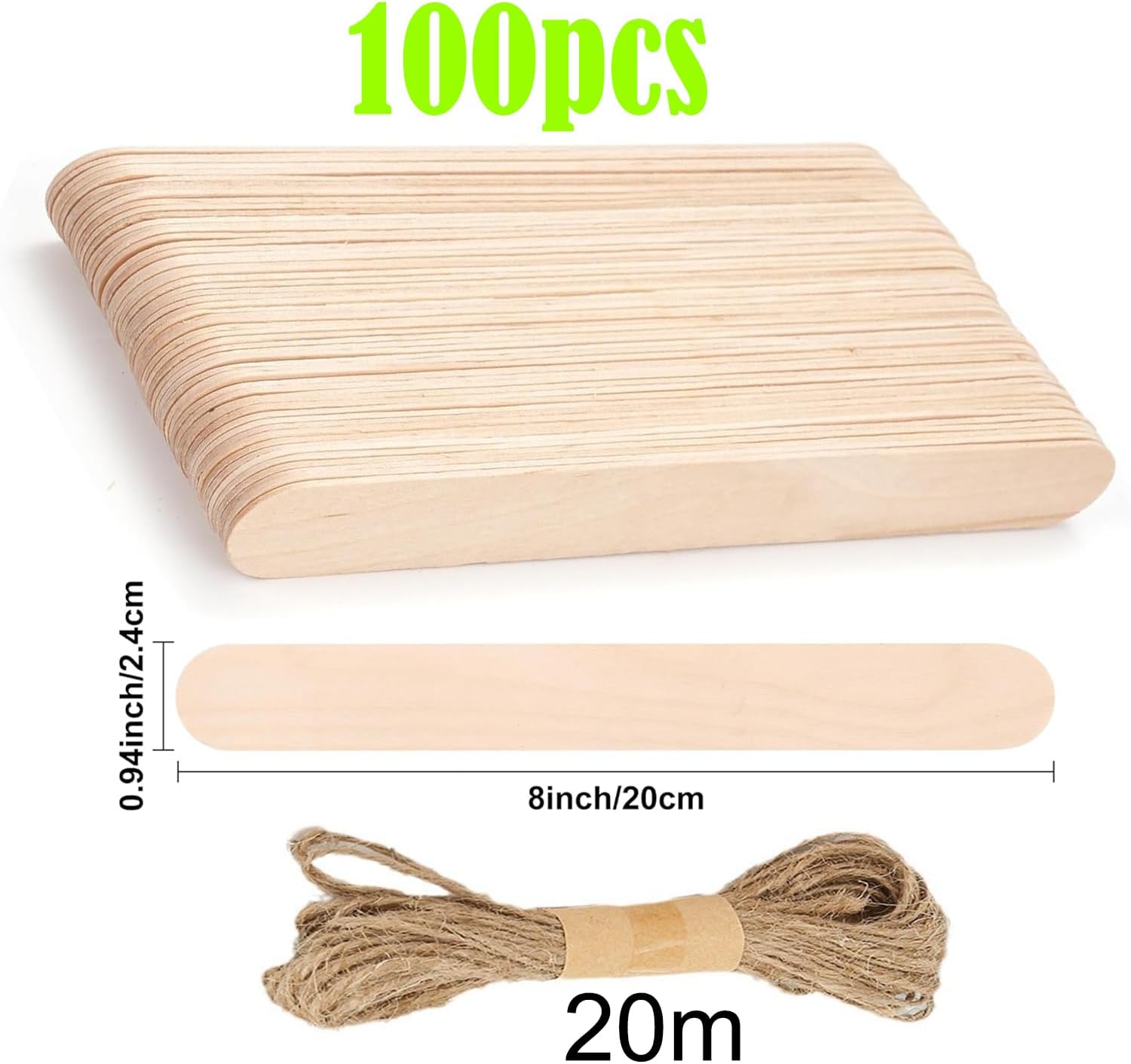 100 Pcs Jumbo Craft Sticks with 20m Natural Jute Twine Set for DIY Crafts.Multi-Functional Ice Cream Sticks for Crafts, Tongue Depressors, Hair Removal, Waxing Sticks, Paint Stirrer, and Plant Labels