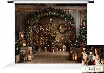 Kate Christmas Barn Photo Backdrop Winter Christmas Trees and Gifts Background Night Dark Brown Wooden Arched Barn Door Photo Background Studio Props,10x8ft