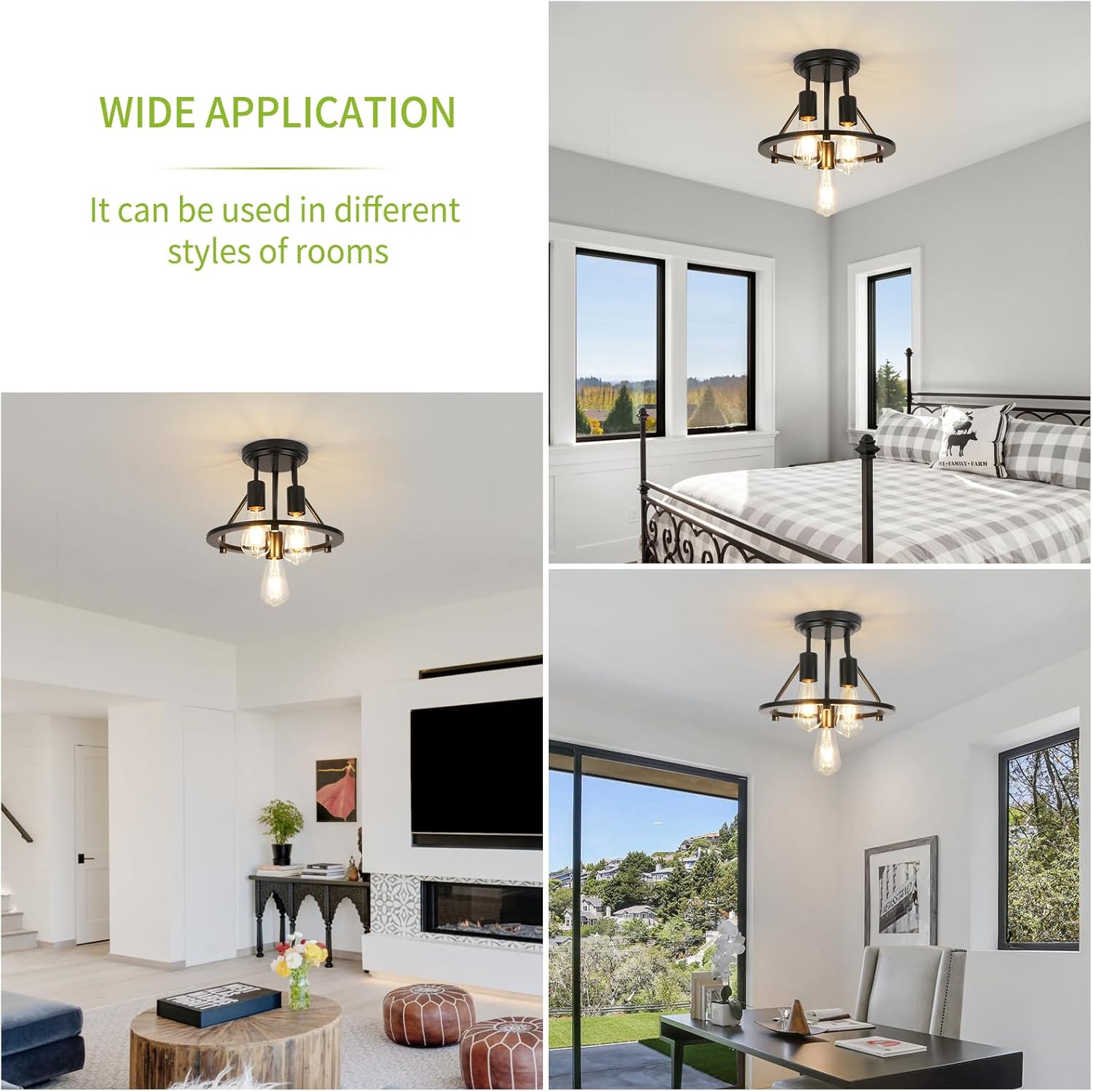 Semi Flush Mount Ceiling Light 3-Light Ceiling Light Fixtures - Black Hallway Light Fixtures Farmhouse Industrial Kitchen Light Fixtures E26 Socket Ceiling Lamp for Foyer