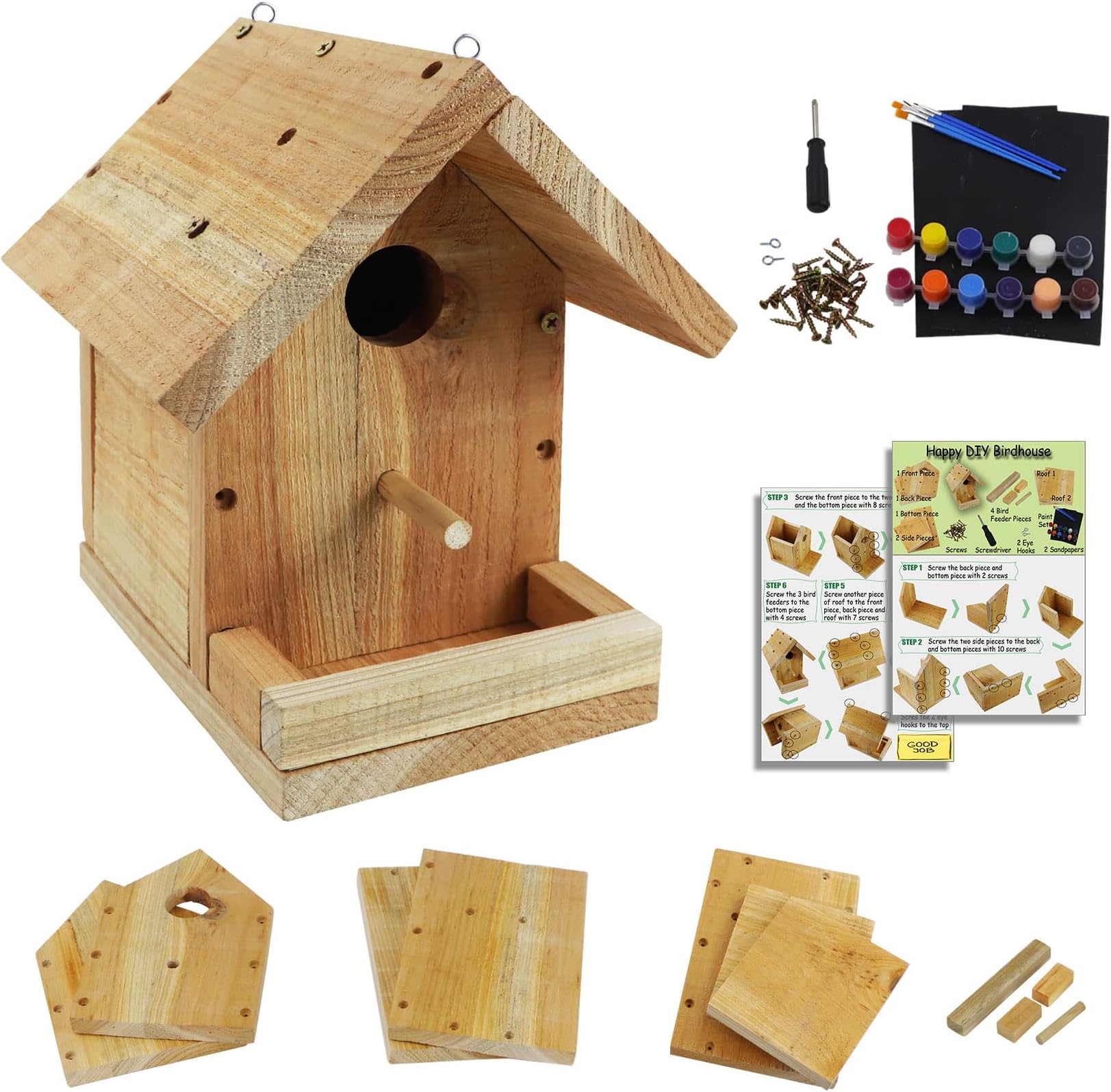 Pontuss DIY Birdhouse Kit with Paint Set - Kids' Wood Craft Kits - Make a Bird House Kit for Kids - DIY Woodcraft Building Projects for Kids and Adults- STEM Teaching Tools