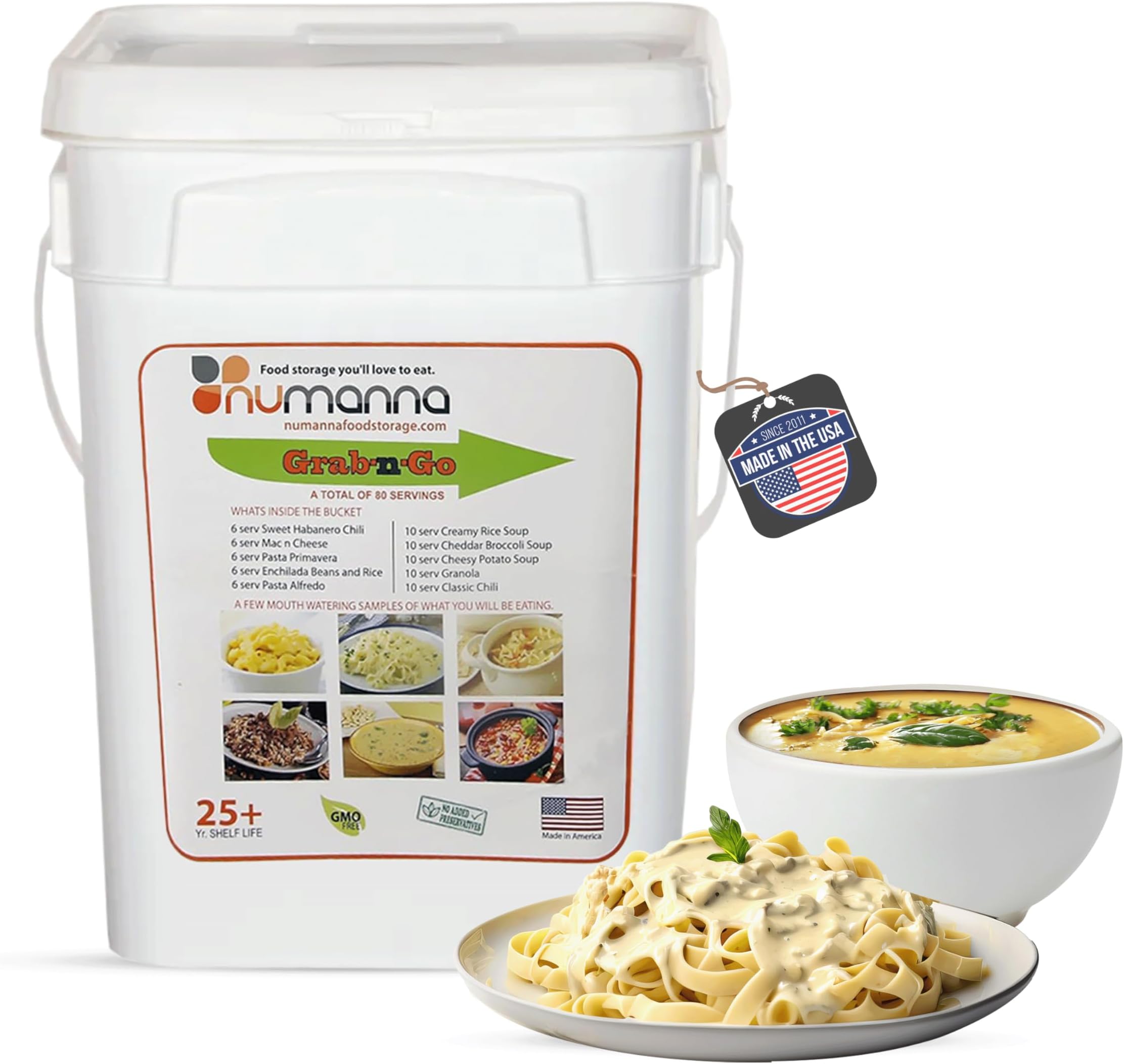 Numanna Grab-n-Go Bucket 80 Servings, 12 lbs | Freeze-Dried Premade Meals | 25+ Year Shelf Life | Non-Perishable, Ready-to-Eat Breakfast & Dinner Everyday Meals | Emergency & Survival Food Kit | Made in USA