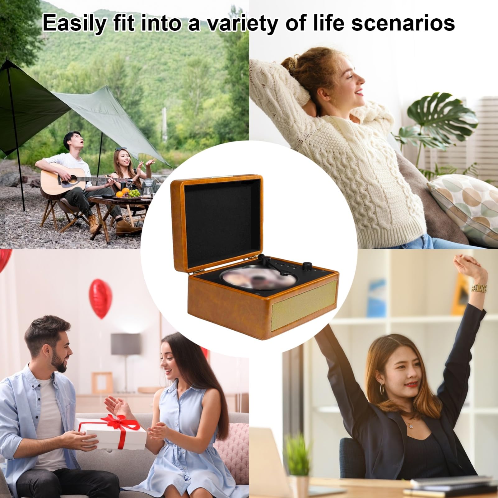CHICIRIS Reproductor de CD Reproductor de Música Portátil de Madera con Batería BT 5.0 2000 MAh Altavoces Duales HiFi Control Remoto USB TF para Amantes de la Música en Viajes en Casa (Caqui)