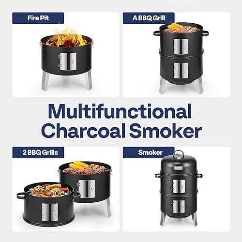 Miniatura 3 de VIVOHOME Ahumador vertical de carbón 3 en 1, parrilla ahumadora de barbacoa con termómetro integrado, ventilación de aire y 2 puertas de acceso,