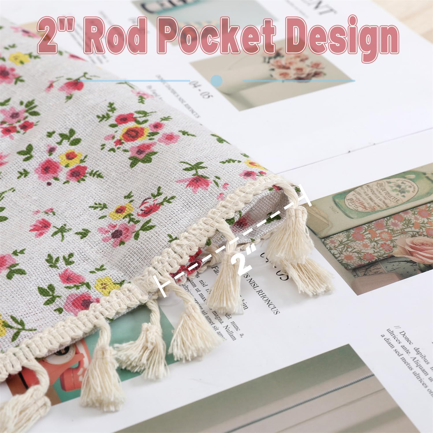 1 Pair Floral Linen Curtains Rustic Country Style Light Filtering Rod Pocket Window Drapes Beige Tassels, 52" W x 63" L Red Rose Flower on Beige