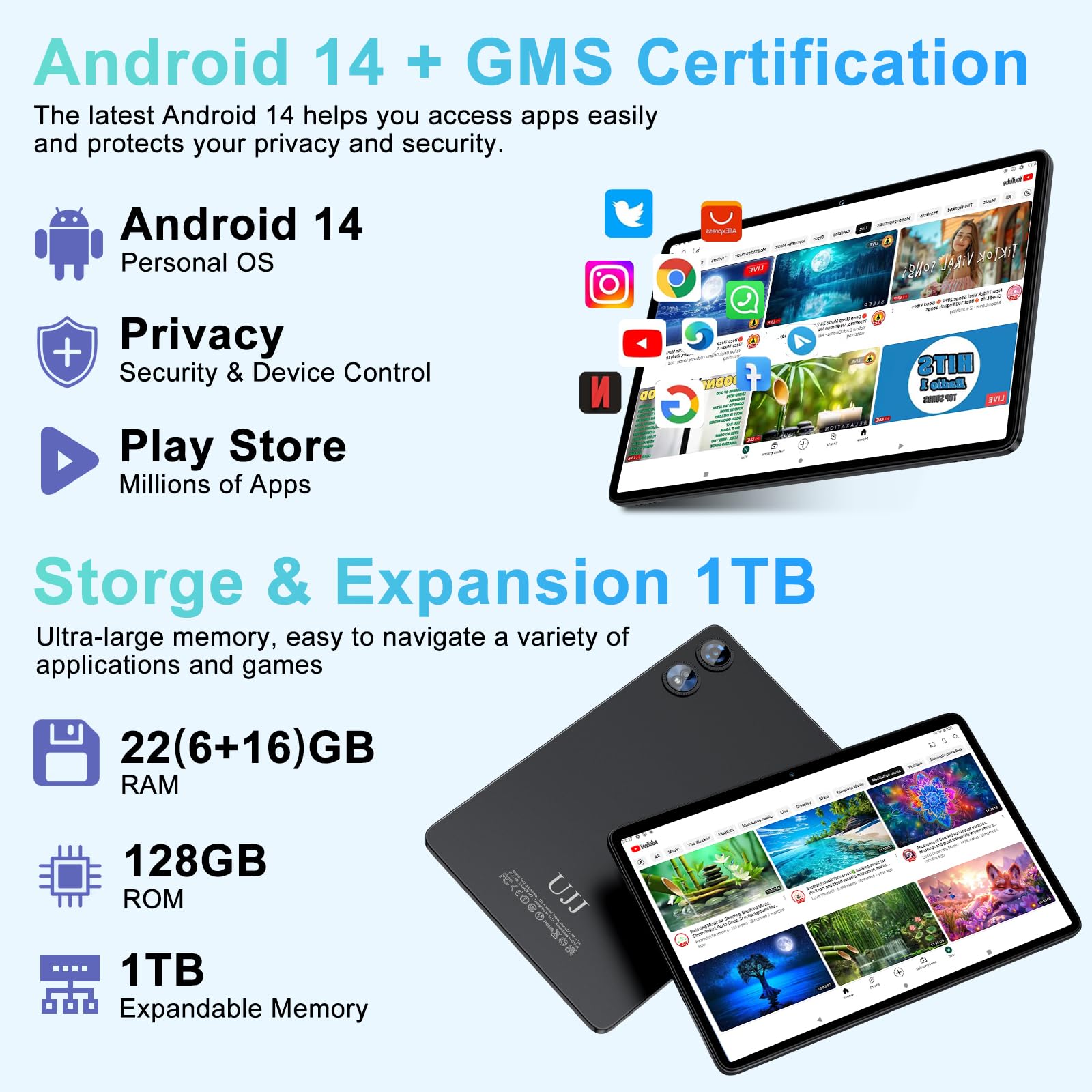 2025 Android 14 Tablet, 22GB RAM 128GB ROM 1TB Expand, 10 inch