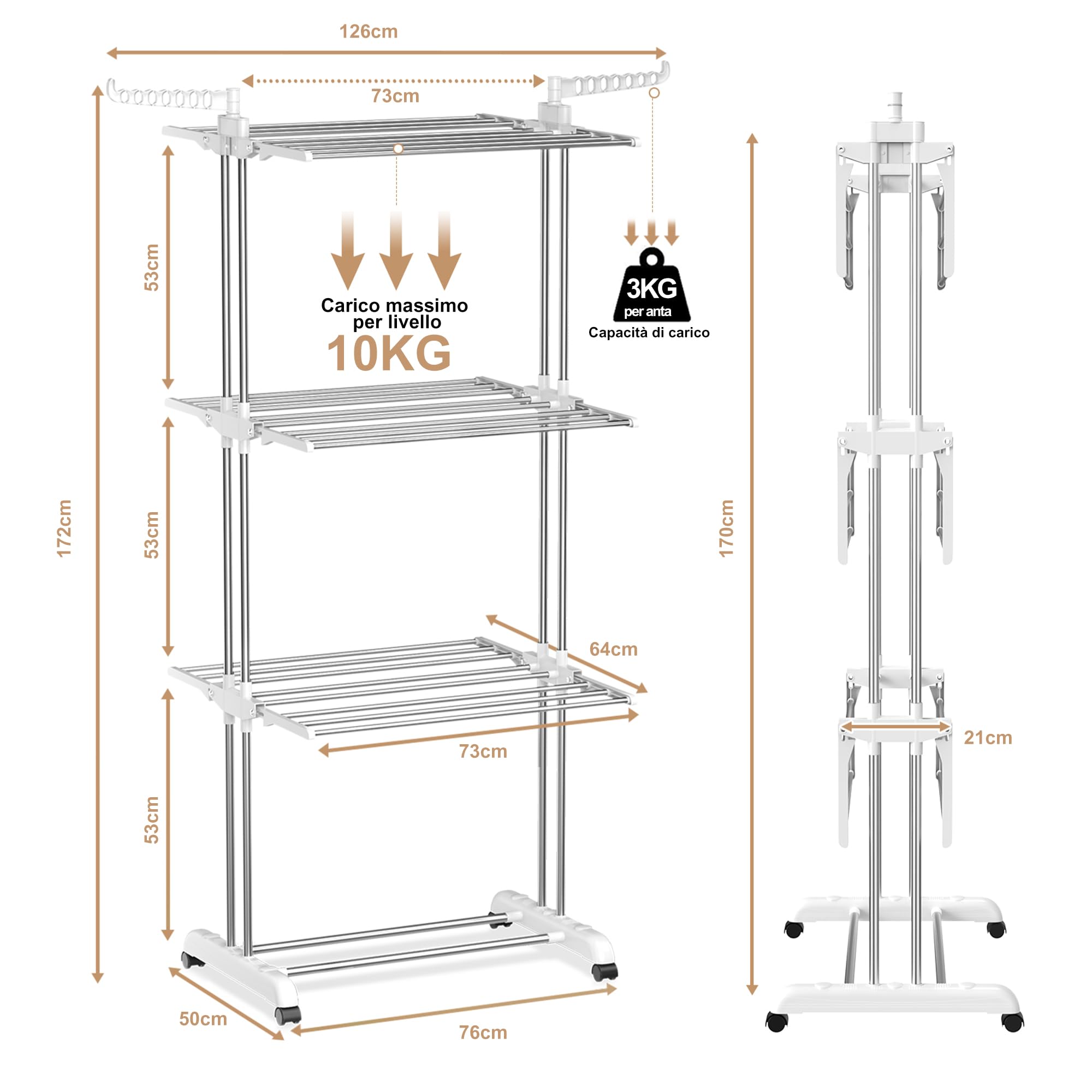 Innotic Stendino 4 Livelli, Stendibiancheria Pieghevole con Ruote e Ali | Stendino Verticale Salvaspazio Capiente, Stendipanni a Torre Allungabile Alto per Balcone Esterno/Interno, Bianco
