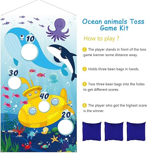 Miniatura 3 de Blulu Cartel de juegos de lanzamiento de animales del océano con 4 bolsas de frijoles, juego de lanzamiento, para interiores y exteriores, delfín,