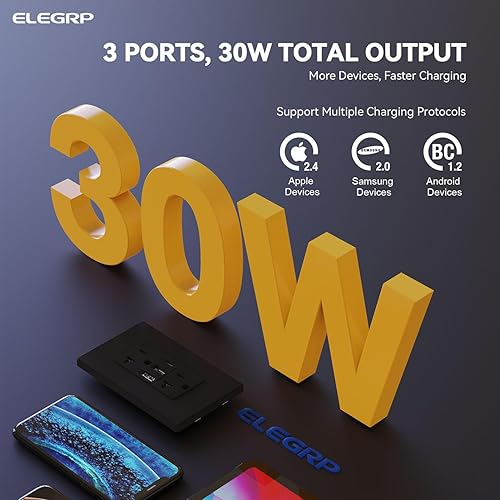 Miniatura 3 de ELEGRP Tomacorrientes USB, toma de pared de 3 puertos, toma eléctrica de 30 W 6.0 A, toma de corriente resistente a manipulaciones de 15 amperios