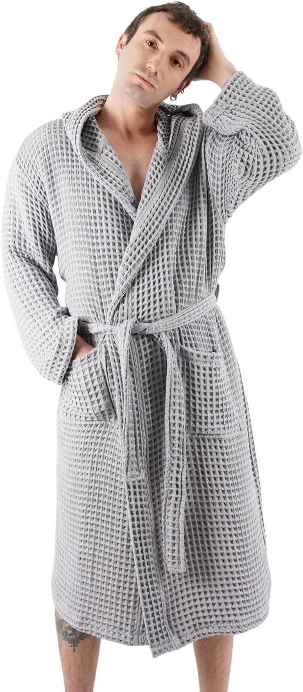 100% Cotton Hooded Waffle Bathrobe for Men (US, Alpha, XX-Large, Grey)