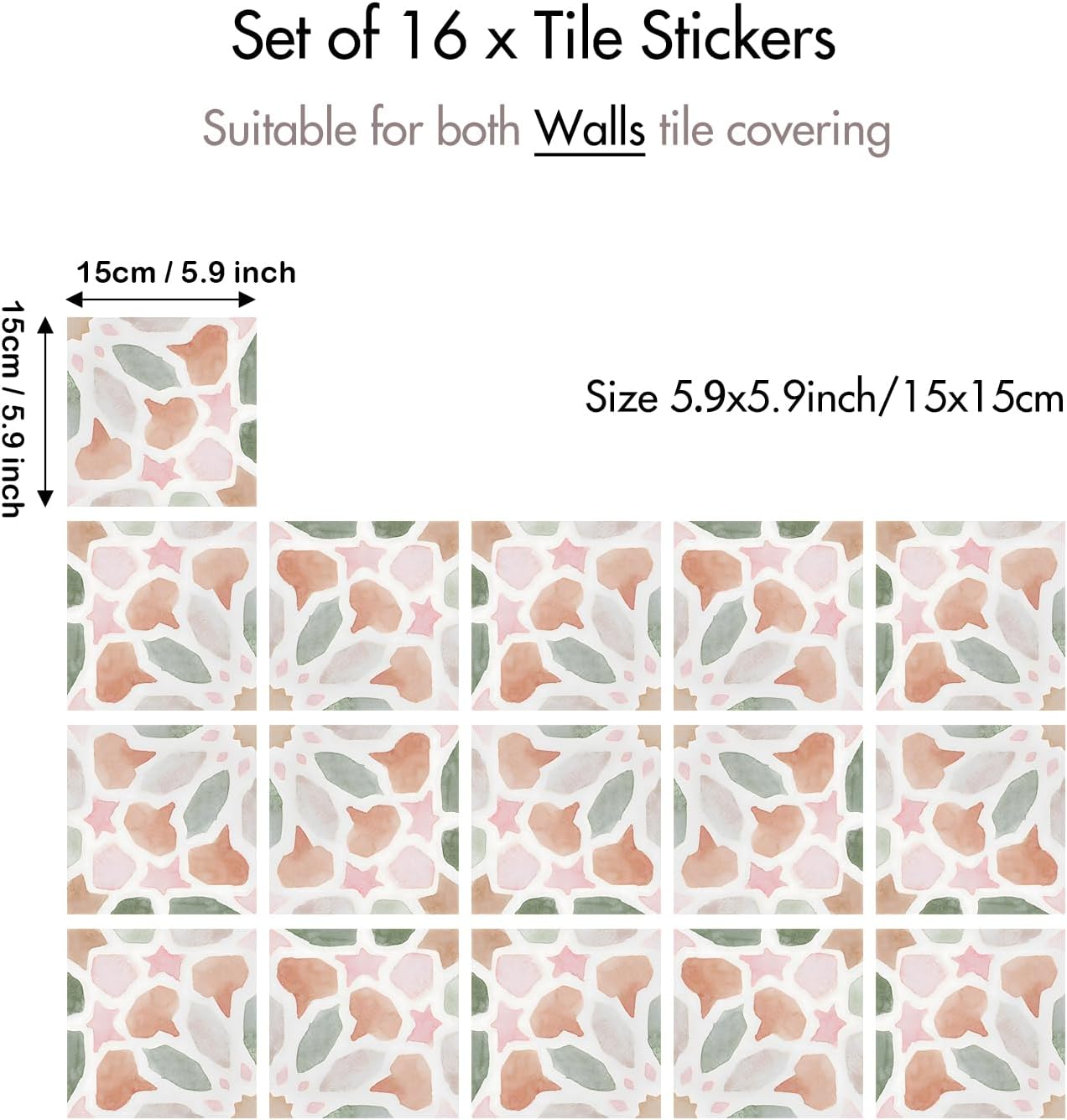 16 Pack,Self Adhesive Moroccan Tile Stickers Vinyl Wall Decals Green Peel and Stick Waterproof 5.9x5.9inch for Home Kitchen Living Room Bedroom Decor