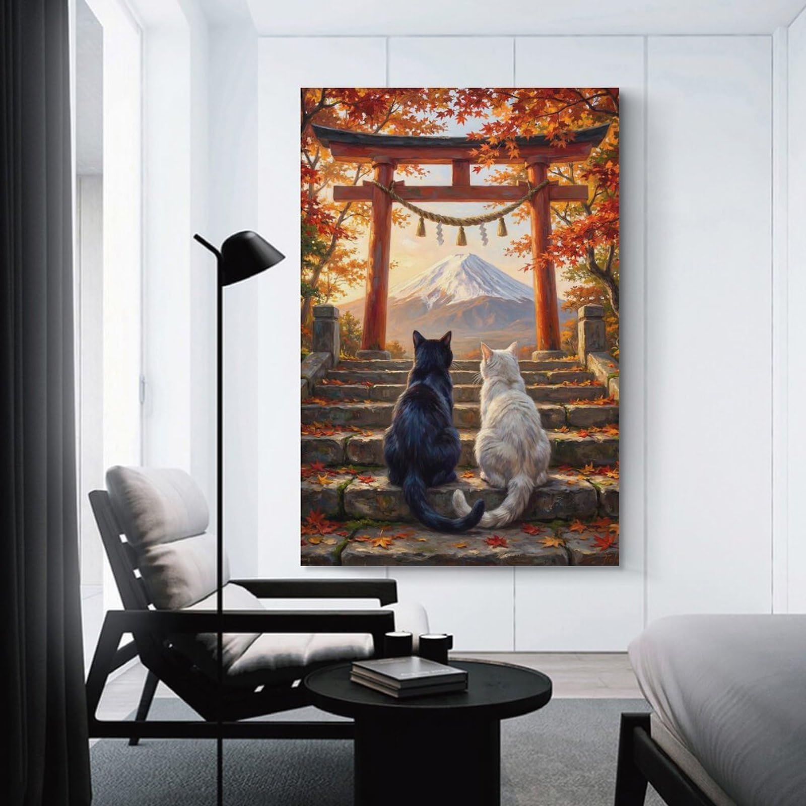 Junmoney Cat Love Mount Fuji Torii Gate Autumn Decorative Wall Artwork, 20x30inch(50x75cm), for Hallway, Lounge Or Guest Room, Decorative Present for New Homes