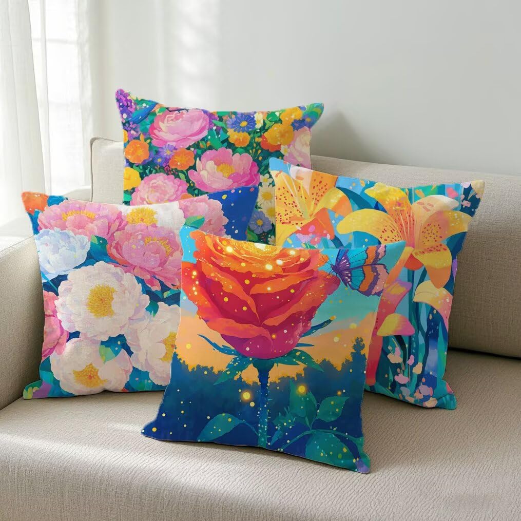 Lot de 4 Housse de Coussin 45x45cm,Housse de Canapé Fleur Motif Décoratif Imperméable Lin Taie d'oreiller avec Fermeture Éclair Invisible,Salon Chambre à Coucher Décoration de Maison,Printemps Ym227