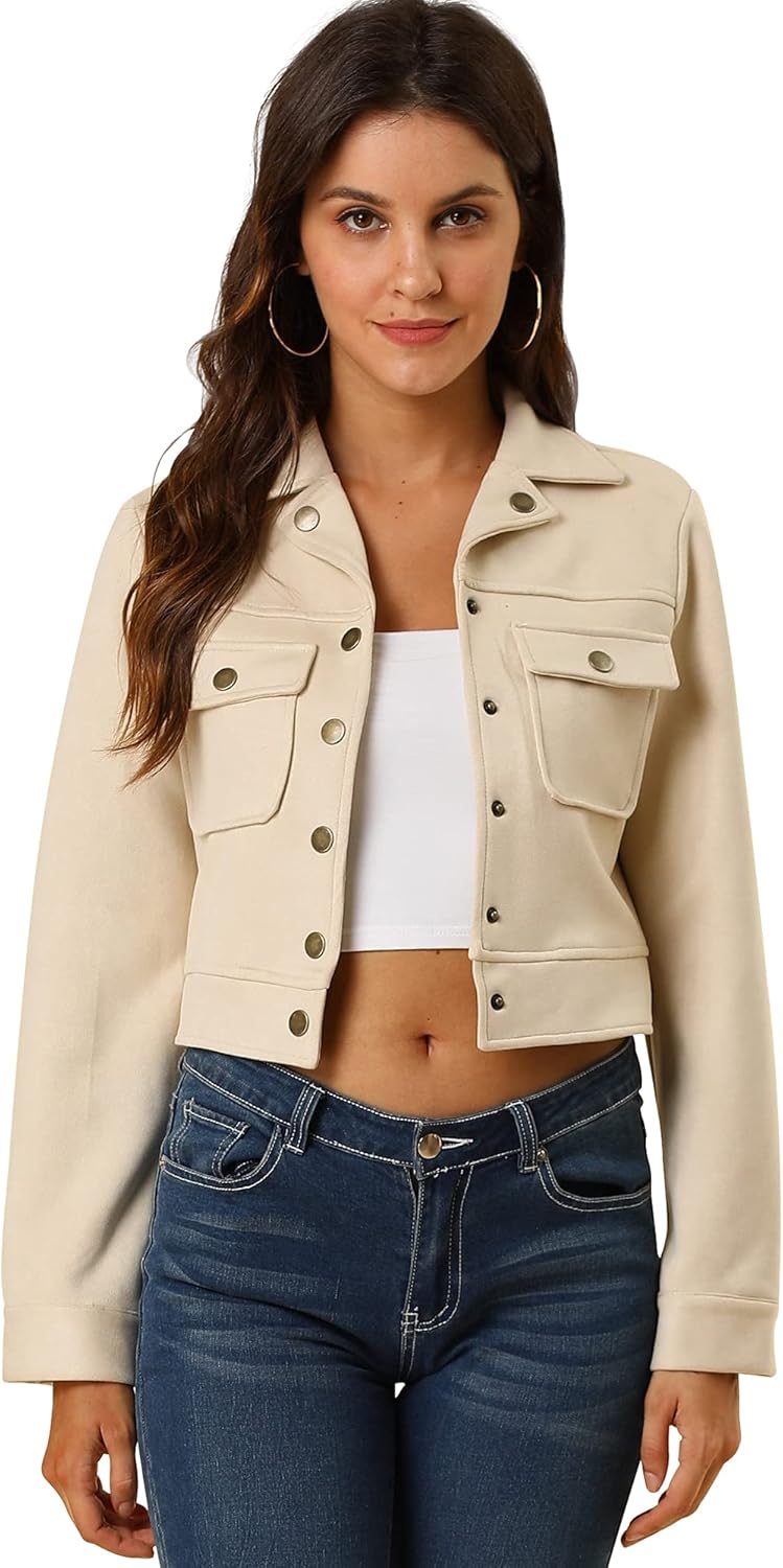 Allegra K Women's Faux Suede Jacket Button Down Collar Pockets Crop Moto Biker Coat