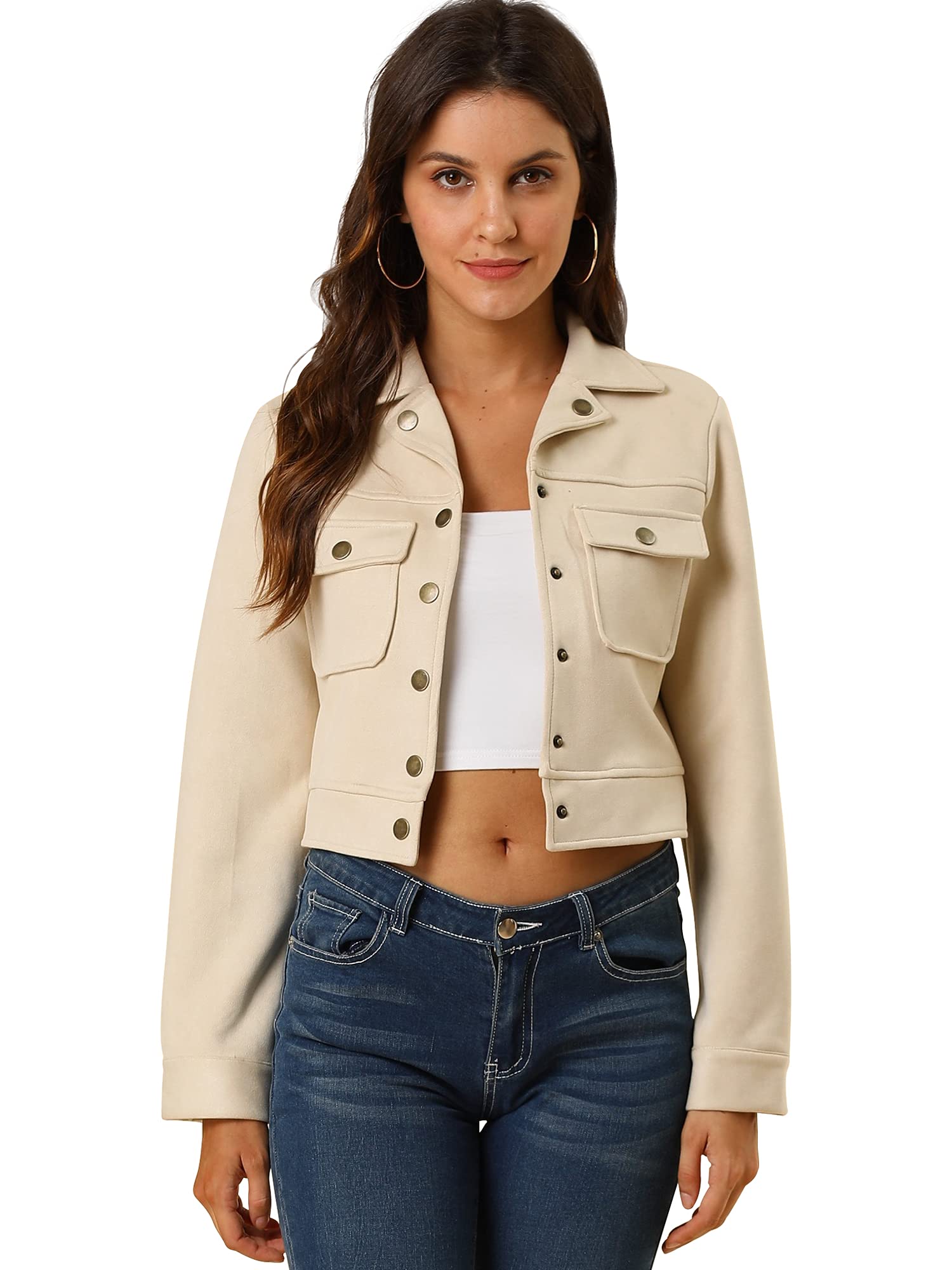 Allegra K Women's Faux Suede Jacket Button Down Collar Crop Outerwear