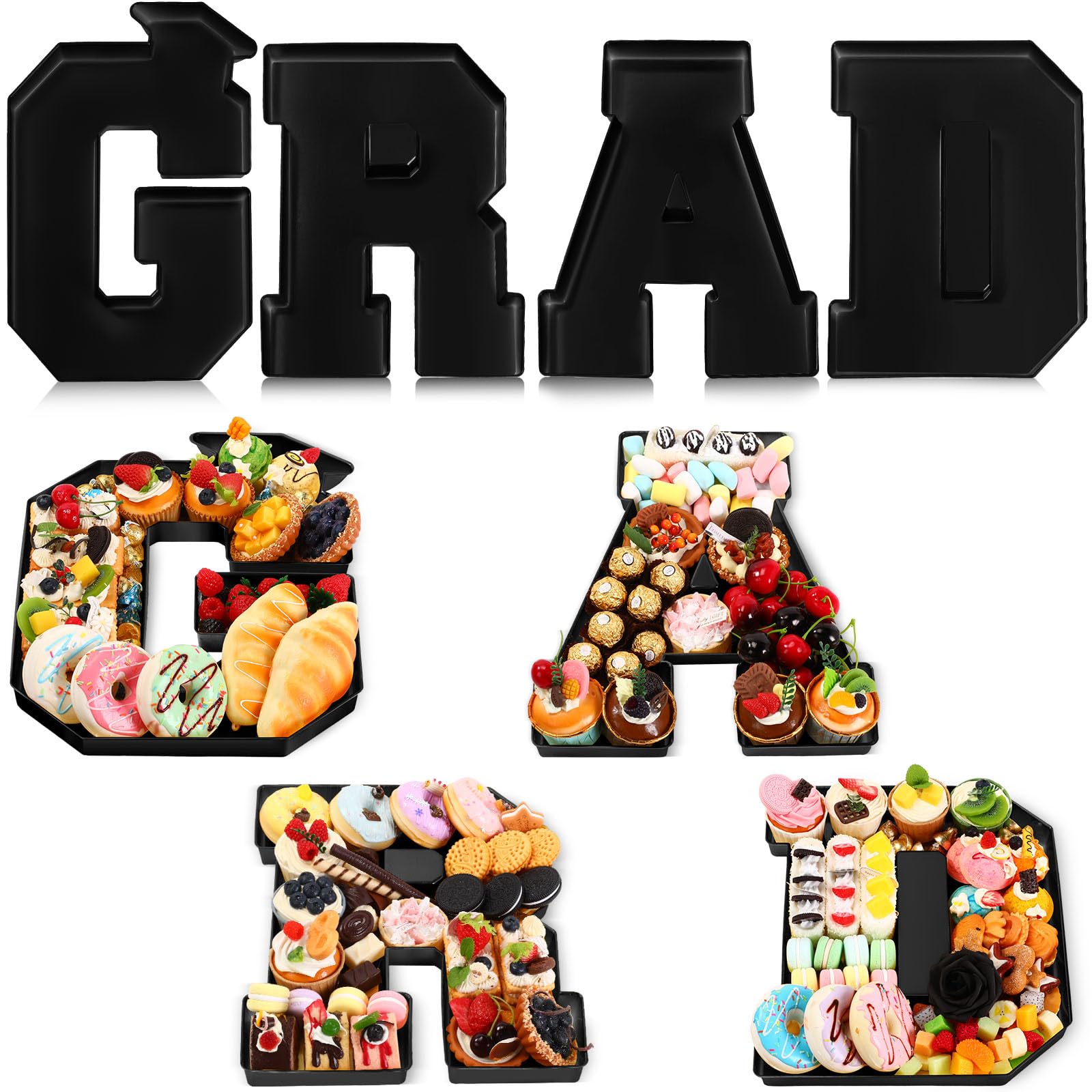 Tellingyou 4 Pcs 13.7" 2024 Graduation Plastic Number Fillable for Charcuterie Disposable Plastic Mache Box Chocolate Candy Tray Grad Container Decoration(Black, Grad)