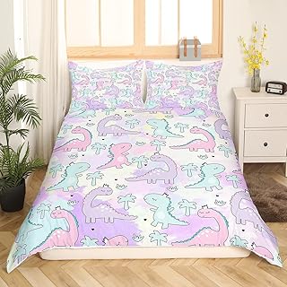 Erosebridal Dinosaur Duvet Cover Twin Size, Kawaii Dinosaur Bedding Sets for Kids Girls Boys Gift Bedroom Decor, Cartoon Cute Animals Comforter Cover,Palm Leaf Quilt Cover, Green Purple Pink