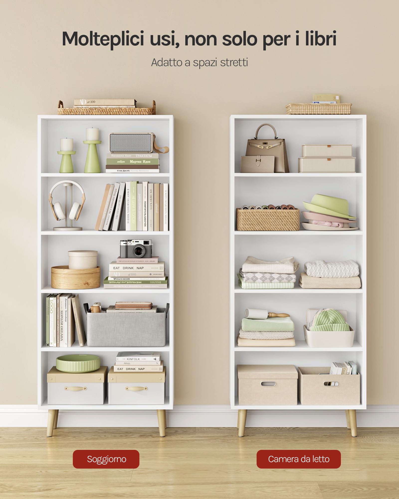 WOLTU Libreria a 5 Ripiani, Scaffale Libreria da Terra Salvaspazio | Mobile Porta Libri in Legno Bianco Moderno, per Soggiorno, Camera da Letto, Studio, Ufficio, 60x24x144 cm