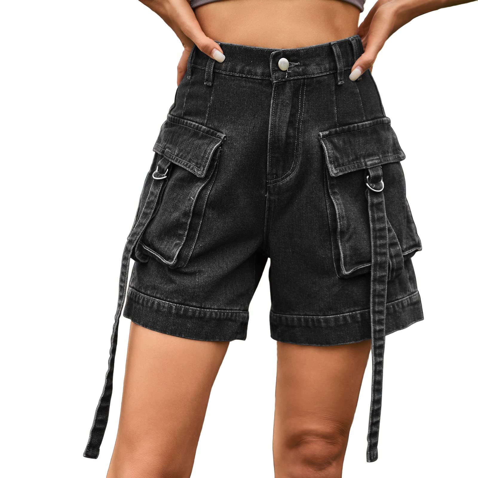 Jeans Shorts Damen Sommer Shorts Damen Hellblau Cargo Jorts Kurze LäNge High Waist Cargotaschen Mit Langen StoffbäNdern Leicht Gewaschener Denim StrapazierfäHig Casual Streetwear