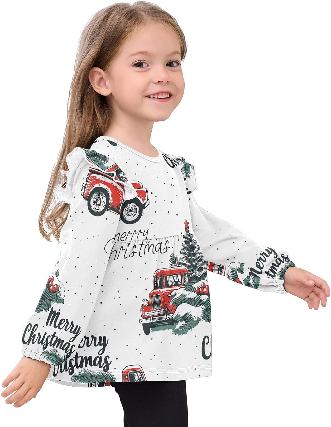 visesunny Toddler Clothes for Girls Merry Christmas Car Tree Long Sleeve Fall Shirts Cotton Top with Ruffle Collar