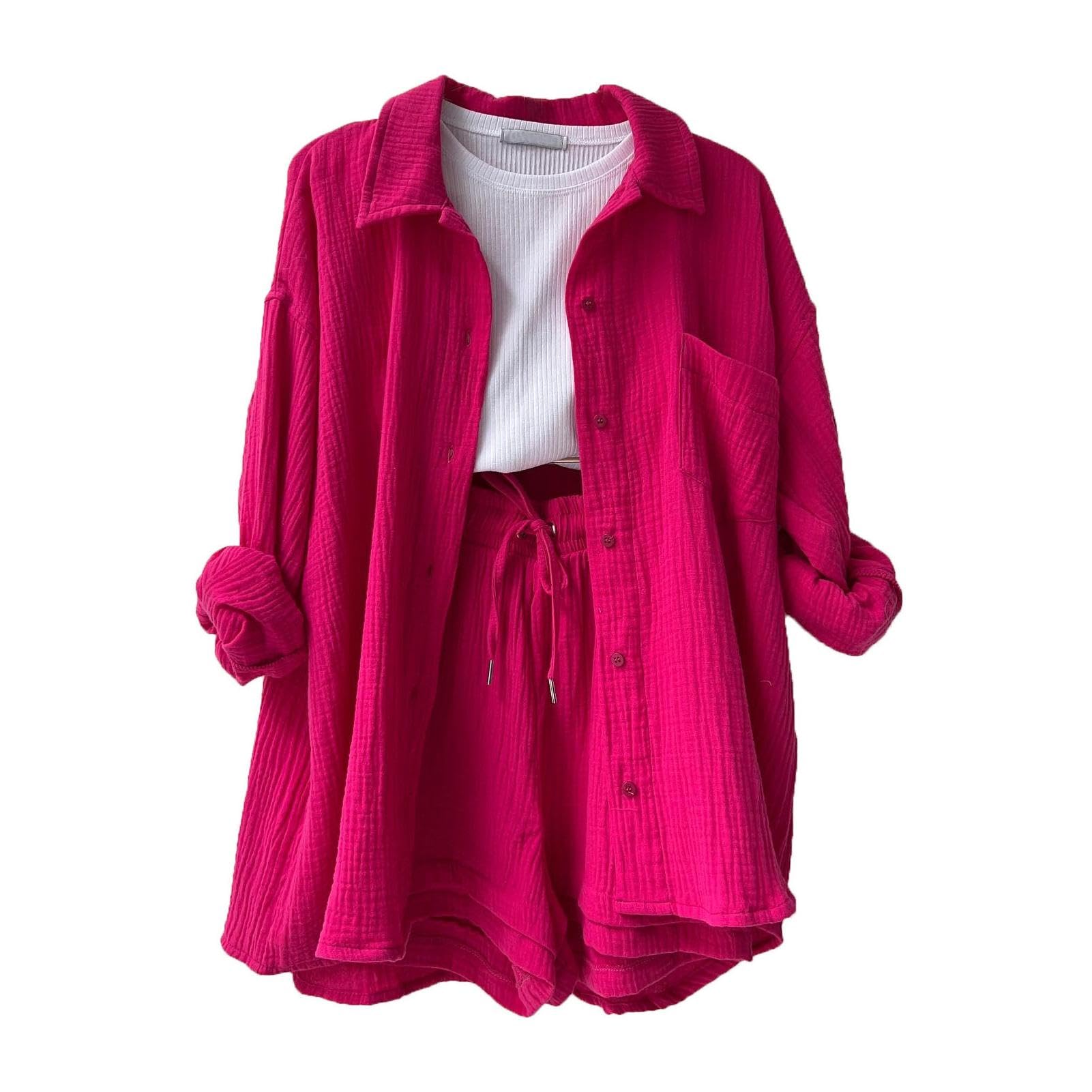 Completo estivo da donna in 2 pezzi, set da donna in mussola, camicia top con bottoni + pantaloncini, abbigliamento estetico, abbigliamento da casa, abbigliamento streetwear, abbigliamento da