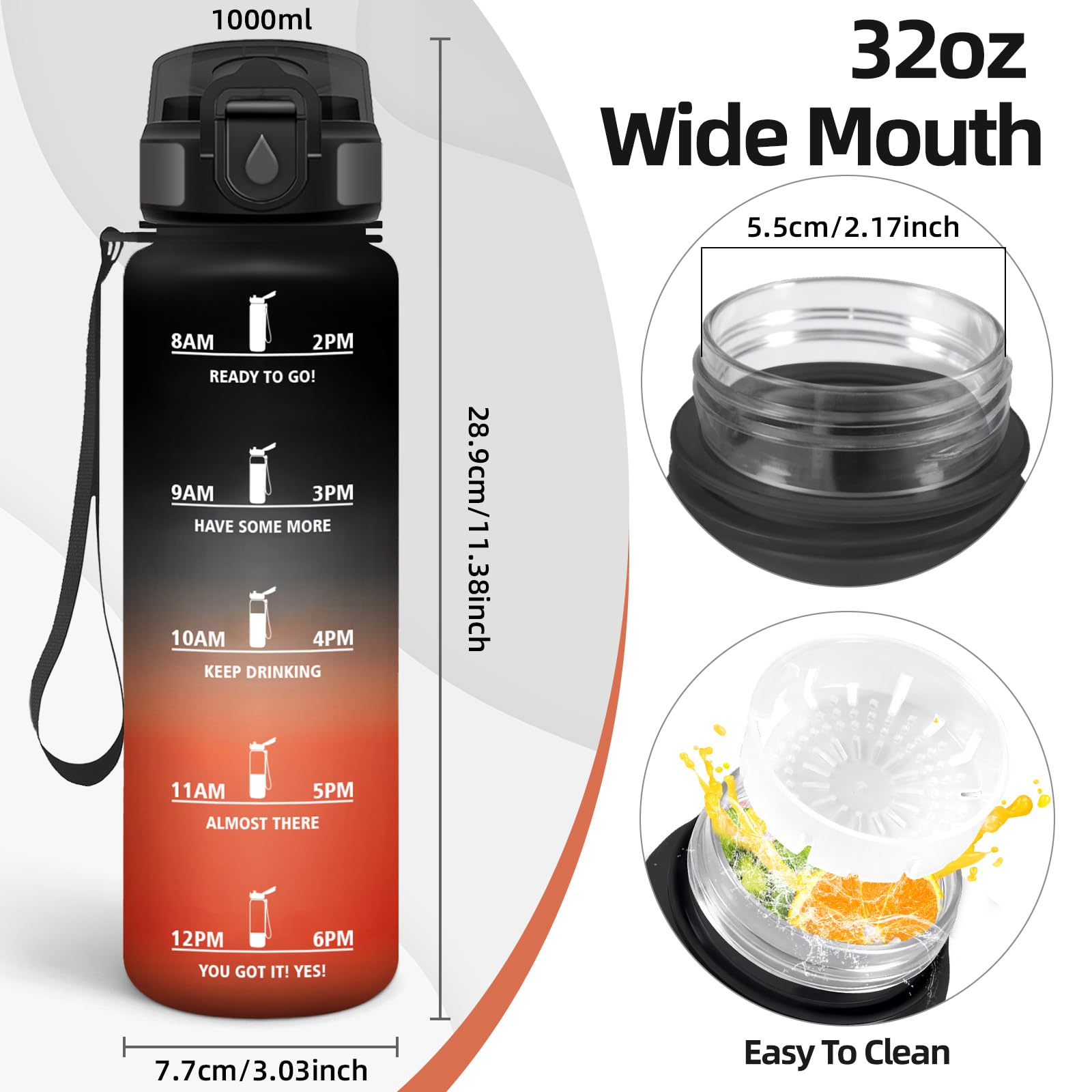 Motswedi Borraccia 1 litro,Riutilizzabile, Borraccia Motivazionale, a Prova di Perdite, Bottiglia Acqua, Senza BPA, Borracce, per Sport, Ciclismo, Palestra, Ufficio, Running, Nero Rosso