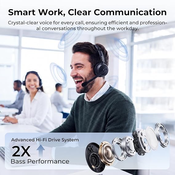 NUROUM HP31D(3rd Gen) Wireless Headset with Microphone, V5.4 Bluetooth Headset with Noise Cancelling Mics, Charging Base, Mute Button, USB Dongle for PC/Laptop/Phone for Zoom/Teams Calls/Skype/Office