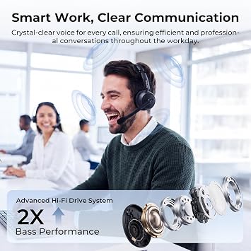 NUROUM HP31D(3rd Gen) Wireless Headset with Microphone, V5.4 Bluetooth Headset with Noise Cancelling Mics, Charging Base, Mute Button, USB Dongle for PC/Laptop/Phone for Zoom/Teams Calls/Skype/Office
