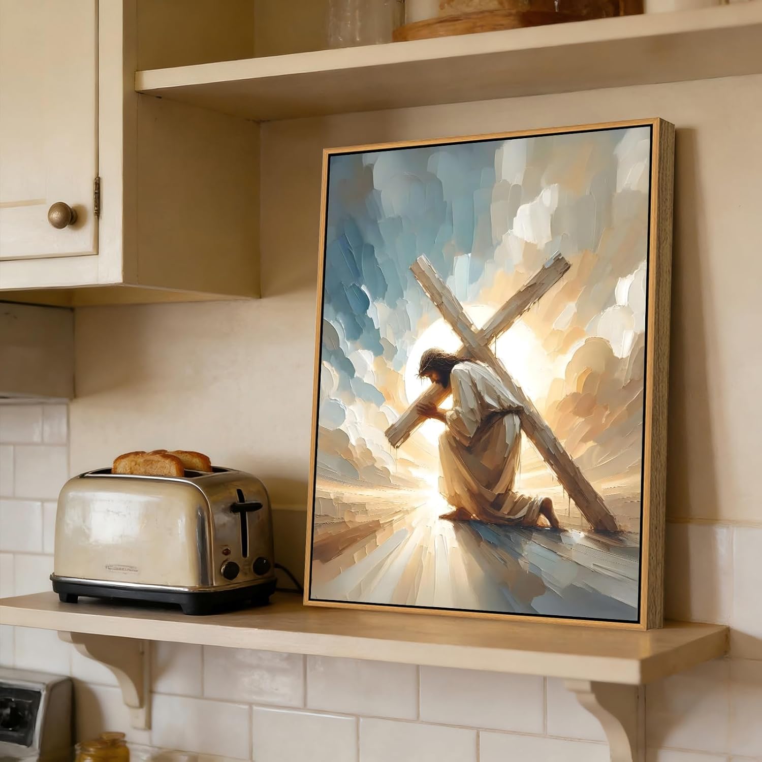 3D Texture Framed Jesus Wall Art Christian Jesus Cross Painting Picture Wall Decor Bible Stories Religion Poster print Artwork for Living Room Church Bedroom Home Decoration