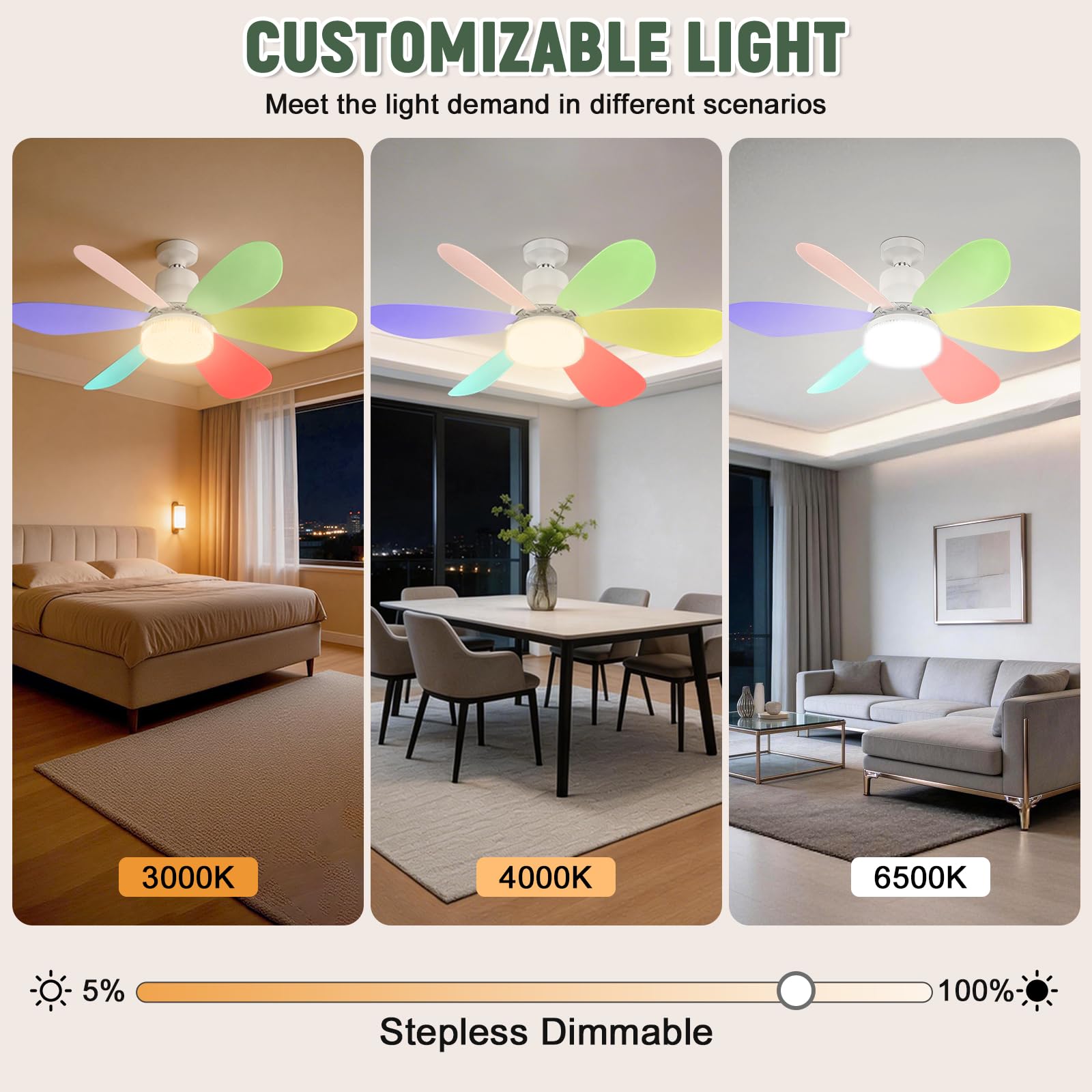 Ventilateur de Plafond avec Lumière et Telecommande, Ø52cm LED Plafonnier Dimmable Ventilateur avec 40W E27 Lampe Cristal Intégrée, 6 Pales, 3 Vitesses, Silencieux, pour Chambre, Salon (Multicolore)