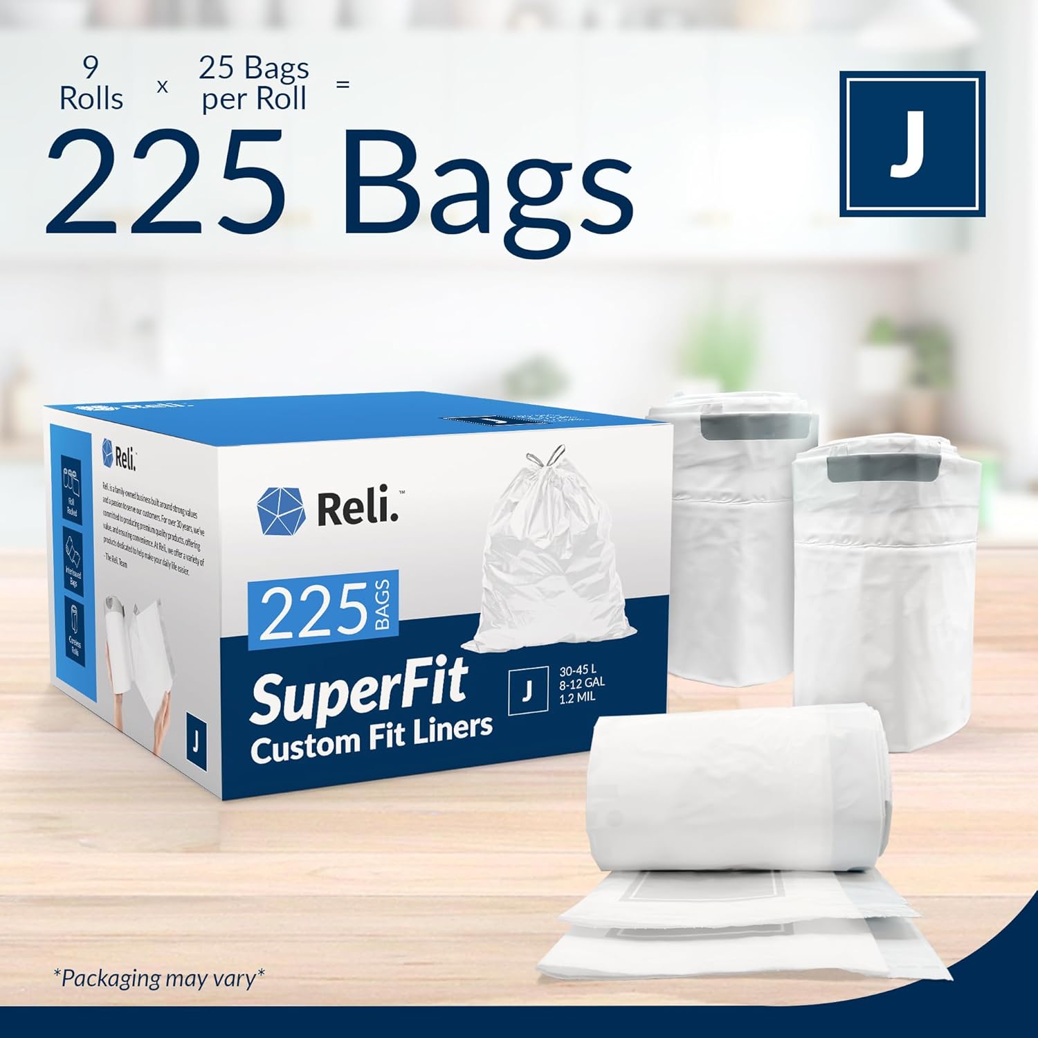 Reli. SuperFit Code J (225 Count) | Compatible with Simplehuman Code J | Custom Fit Liners | Drawstring Trash Bags | 30-45 Liter / 8-12 Gallon | White | Roll Pack