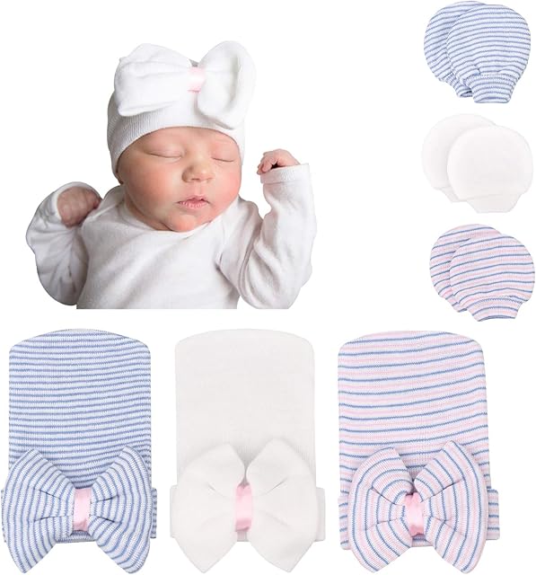 DRESHOW Newborn Baby Hat and Mittens, 3 Hats and 3 Pairs Mittens for Babies, Boys, Girls,Ages 0-3 Months
