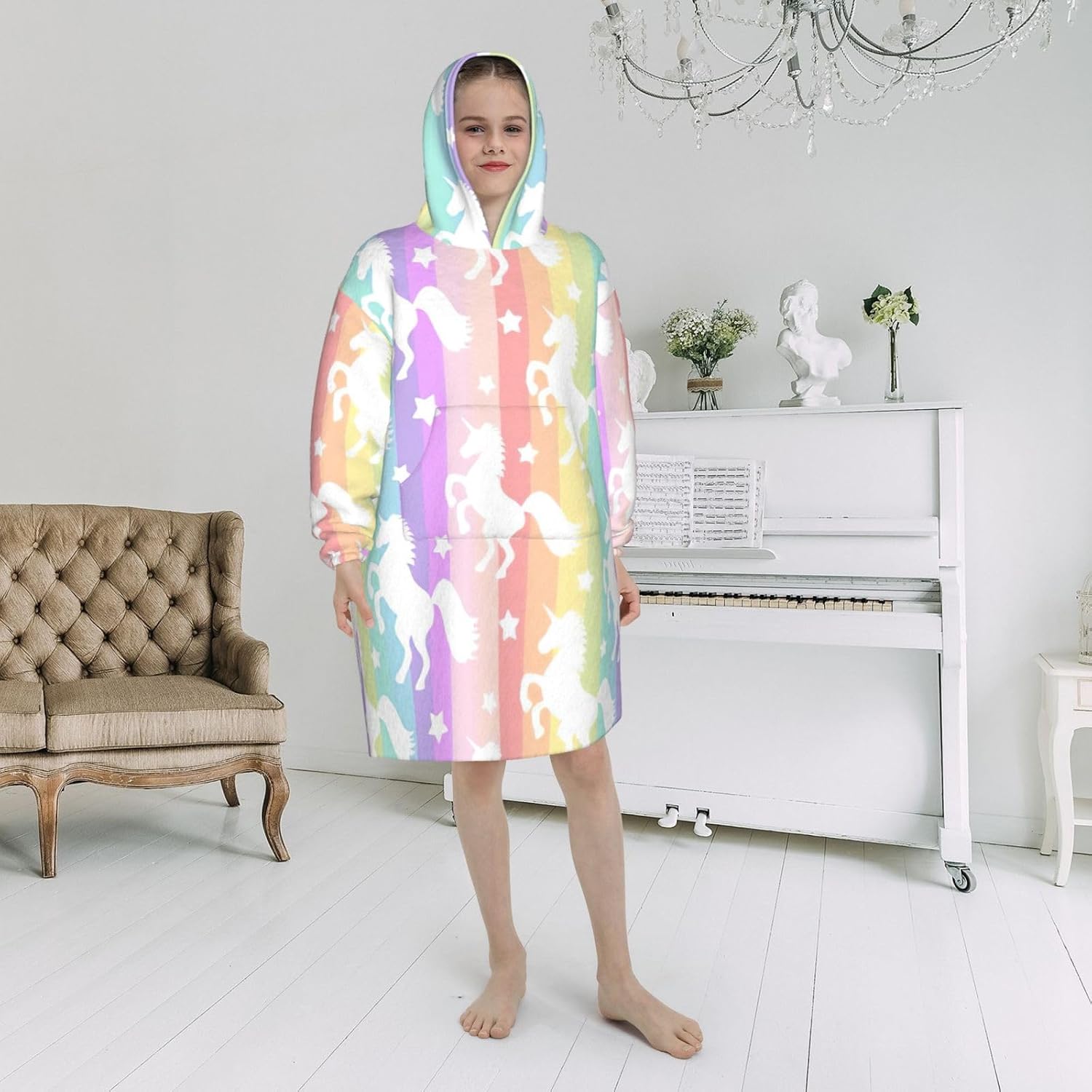 Unicorns On Colorful Stripes Print Oversized Blanket Hoodie, Wearable Blanket Hooded,Hooded Pullover With Pocket