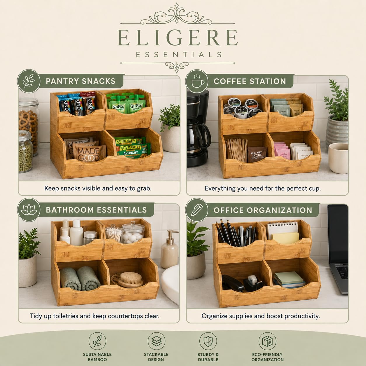 3 Piece Stackable Bamboo Pantry Storage Bins, Potato and Onion Storage, Fruit & Vegetable Container Baskets for Kitchen Countertop, Easy Front Access, Multipurpose organization