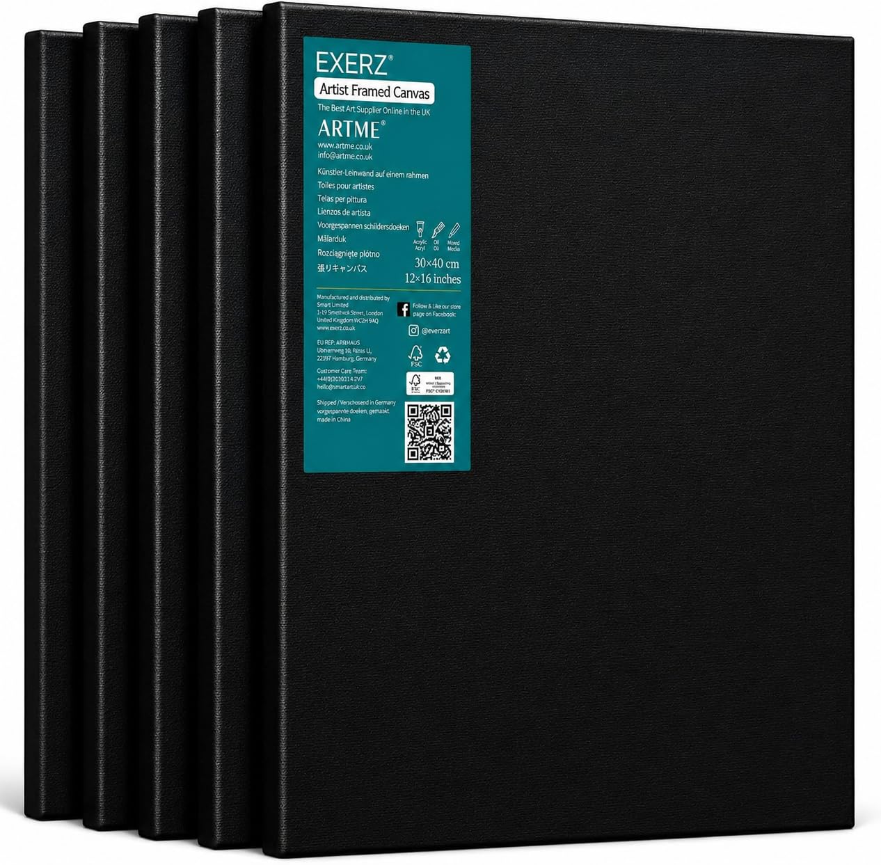 Exerz Black 30X40cm Stretched Canvas 5Pk - A3 Framed 1.7Cm Pre-Stretched Artist Canvas - 280Gsm 100% Cotton Triple Primed/Acid Free/Medium Grain - Acrylic & Oil Paint