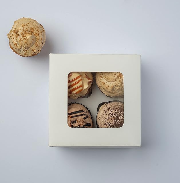 10 Cupcake Boxes with Window and Inserts Cavity Plain White- Holds 4 | 4 Cupcakes, Muffins, patisseries (10x4)