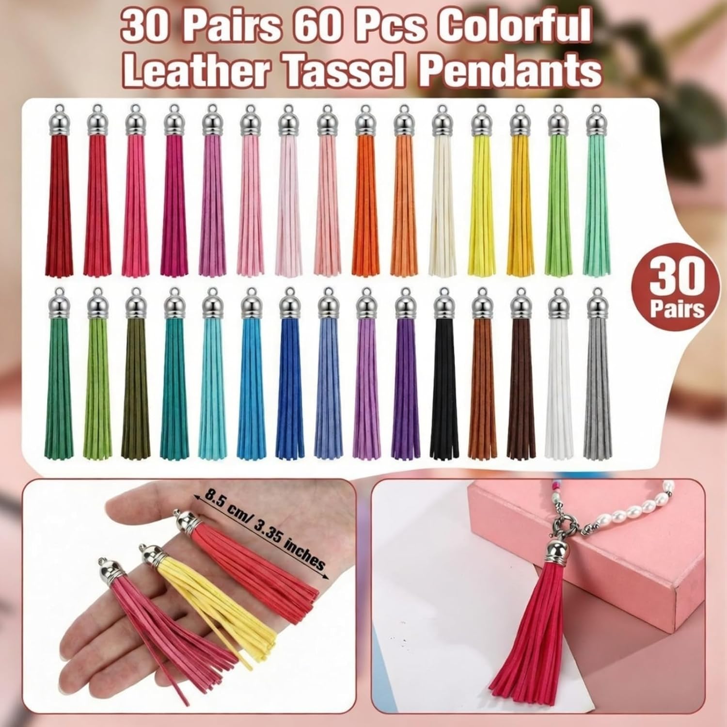 Suncalla 60 Pcs Leather Tassel with Silver Caps Bulk 3.3 Inch Multi Colors Faux Suede Leather Tassels for Handbag Keychain Craft and Jewelry DIY