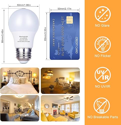 Miniatura 4 de MorningLight Paquete de 6 bombillas LED A15, equivalente a 6.5 W, bombilla regulable de 60 W, blanco suave de 3000 K, base E26, bombilla LED A15