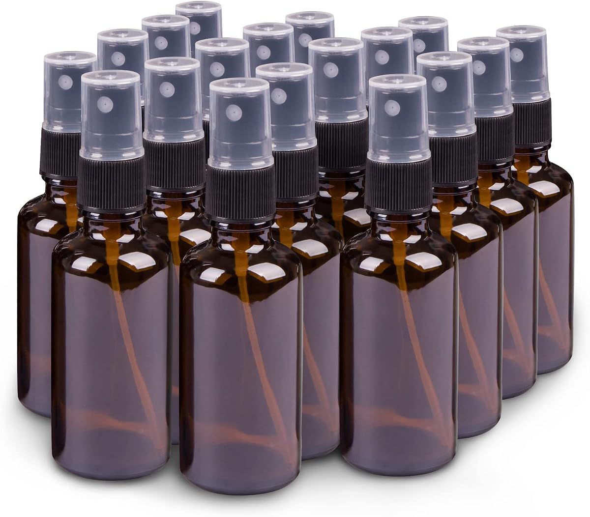 2oz Amber Glass Spray Bottles for Essential Oils, Set of 18 | Mini, Small, Empty, Bulk, Fine Mist, for Facial, Perfume, Room, Cosmetic, Travel, Refillable, Leakproof, UV protection