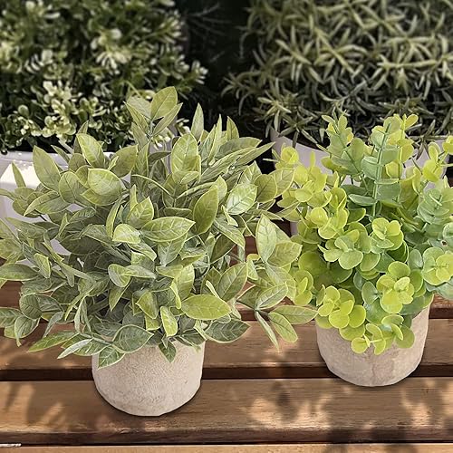 Miniatura 5 de homEdge Mini eucalipto artificial en maceta, 3 paquetes de plantas de plástico artificial con maceta para el hogar, decoración de escritorio de