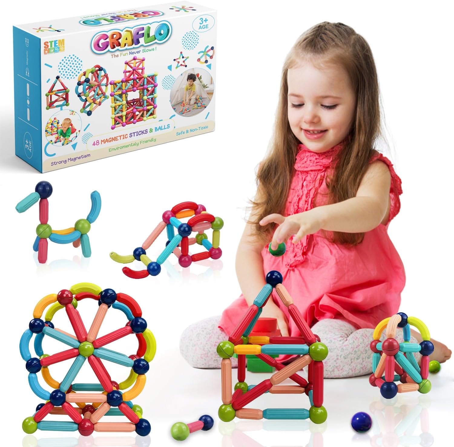 GRAFLO Building Blocks, Sticks & Balls Game Set 48pcs