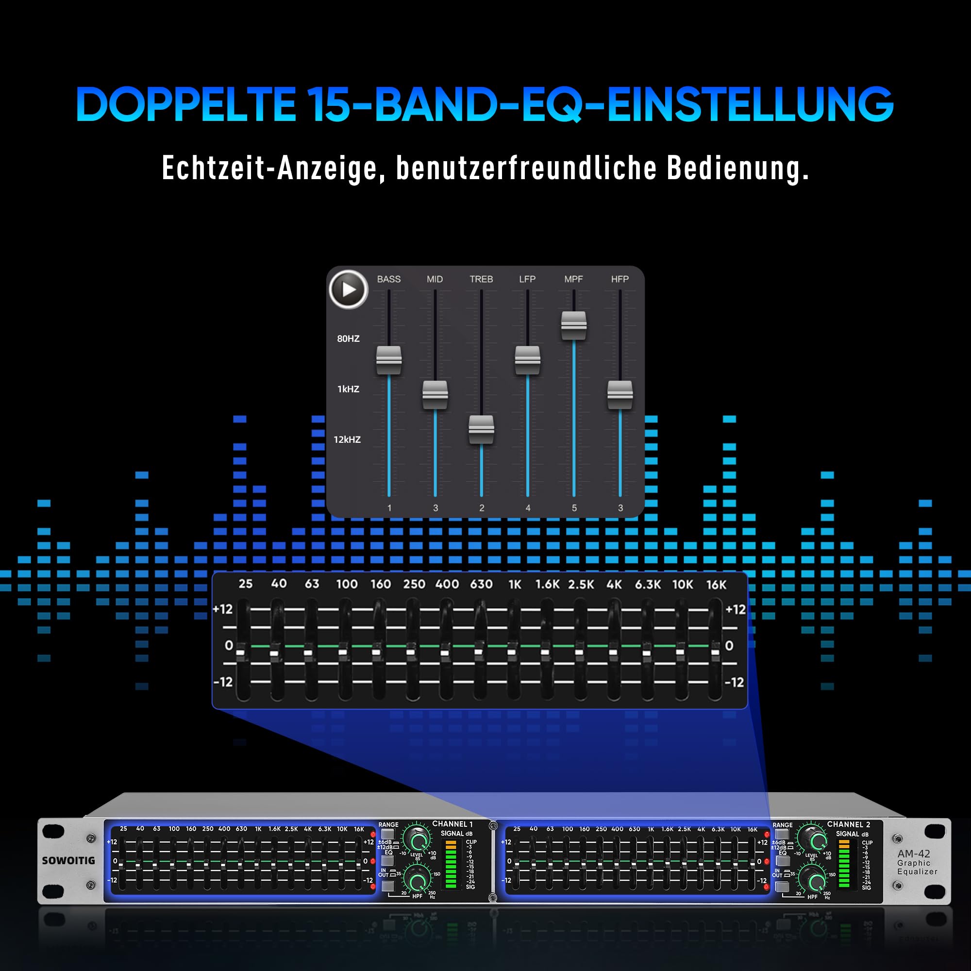 Equalizzatore grafico stereo con 15 bande per sistema audio domestico, equalizzatore DJ a doppio canale con uscita subwoofer e riduzione del rumore