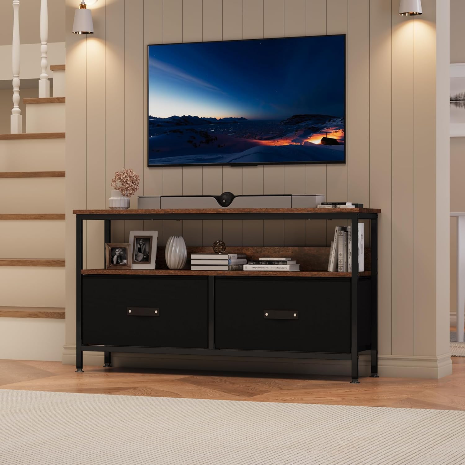 GAOMON 50 Inch TV Stand for Living Room, Dresser-Style TV Stand with 2 Drawers, Compact Entertainment Center with Storage Options, TV Console Table for Bedroom, Retro Brown Board with Black Drawers.