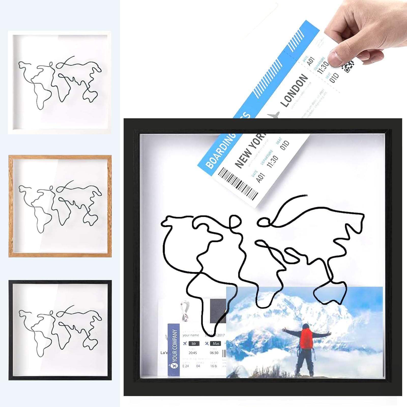 Large Size Adventure Archive Box,12Inch Black Travel Memory Box with World Map Design,Ticket Shadow Box with Slot,Wooden Creative Keepsake Box,Wood Frame Travel Ticket Box (30*30cm)