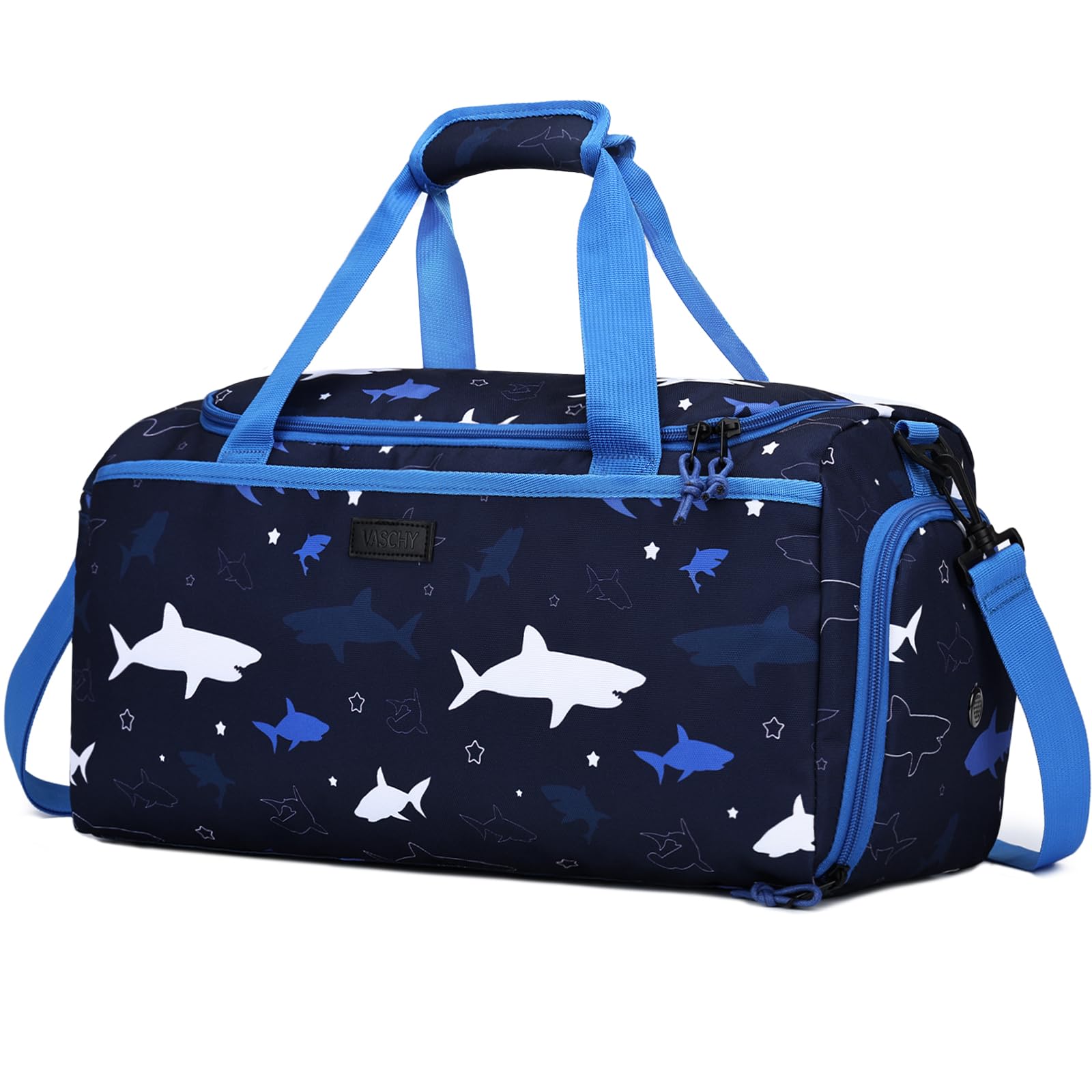 VASCHY Bolsa de Deporte Niño, Bolsa de Viaje Infantil Ligera Bolsa Gimnasio Piscina con Compartimento Zapatos, Tiburon Azul