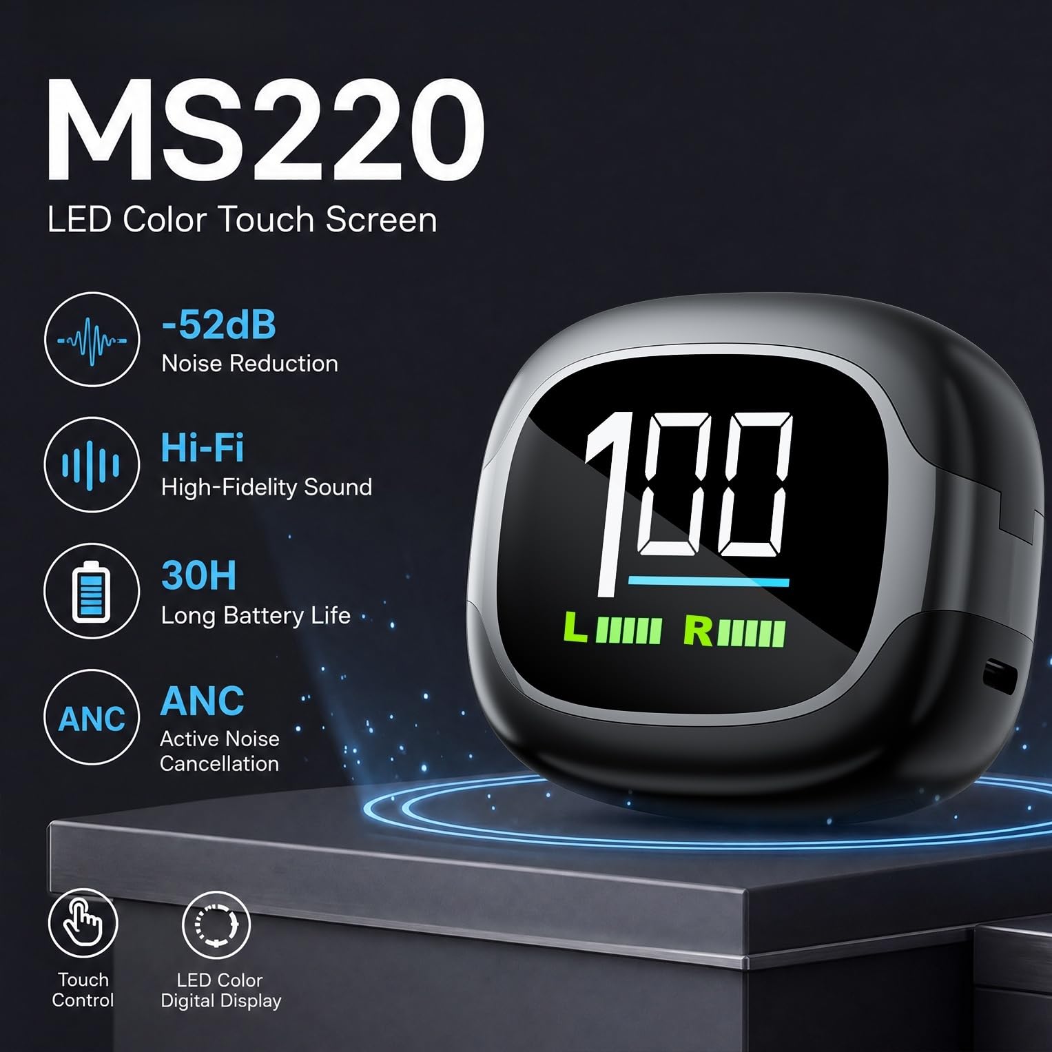 MS220 Open-Ear Bluetooth Kopfhörer mit Ohrbügel und ANC, 30 Std. Akkulaufzeit, LED-Farbdisplay, HiFi Stereo Sound, IPX5, leichte Sport Kopfhörer für Laufen, Training und Pendeln (Schwarz)