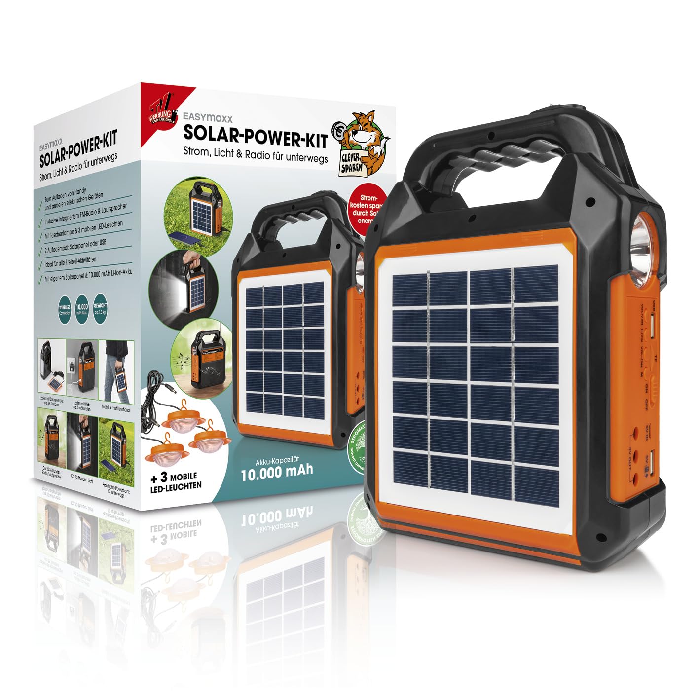 EASYmaxx Solar-Generator Kit 4500mAh | 2 Auflademodi: Solarpanel oder USB | Zum Aufladen von Handy, Powerbank, u.v.m. | Integriertes FM-Radio und Lautsprecher inkl. [Schwarz/Orange]