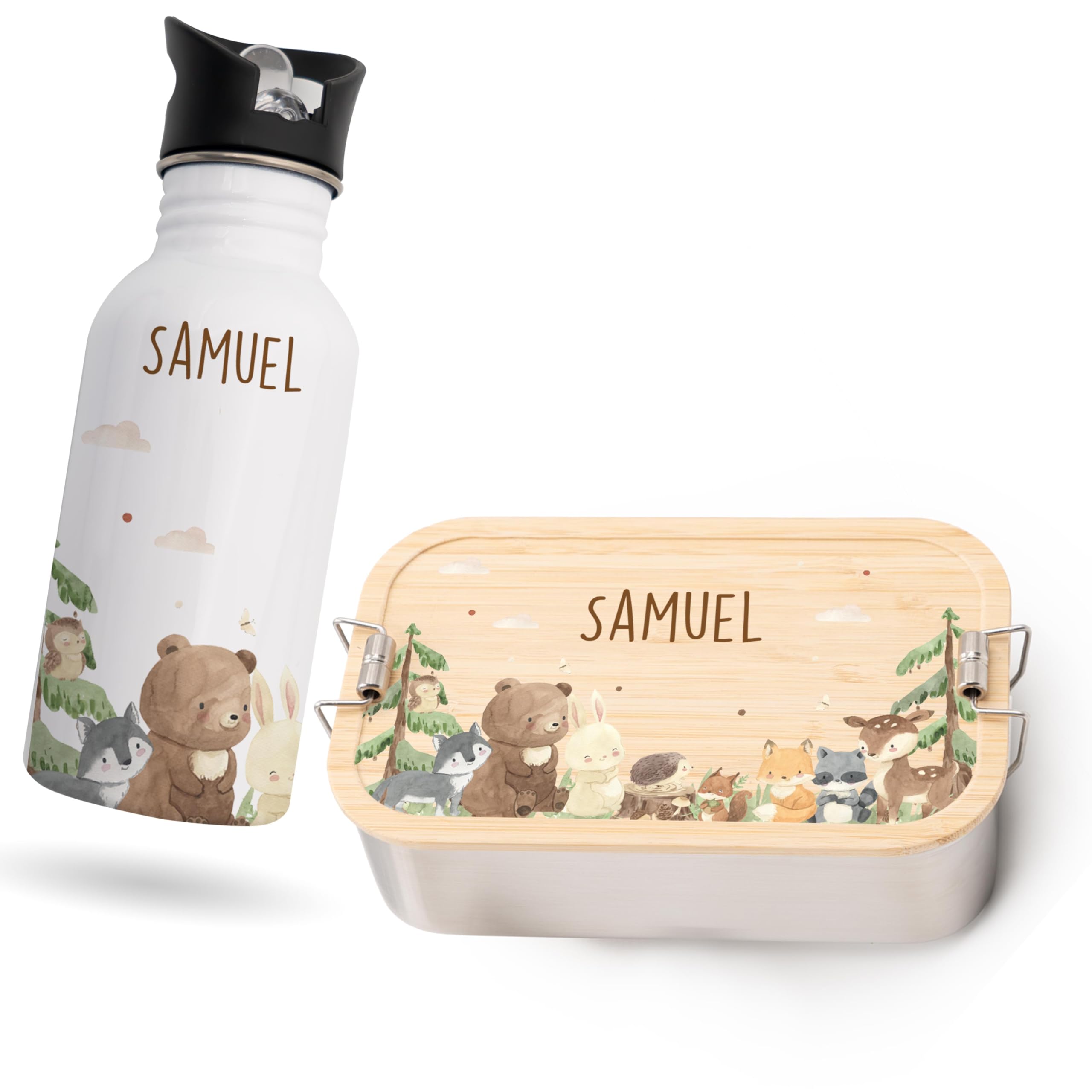 Kidsmood - Personalisiertes Trinkflasche & Brotdose Set, Edelstahl Brotdose Kinder mit Fächern & Trinkflasche Kinder Personalisiert mit Namen – Geschenk zur Einschulung Junge & Schultüte Mädchen
