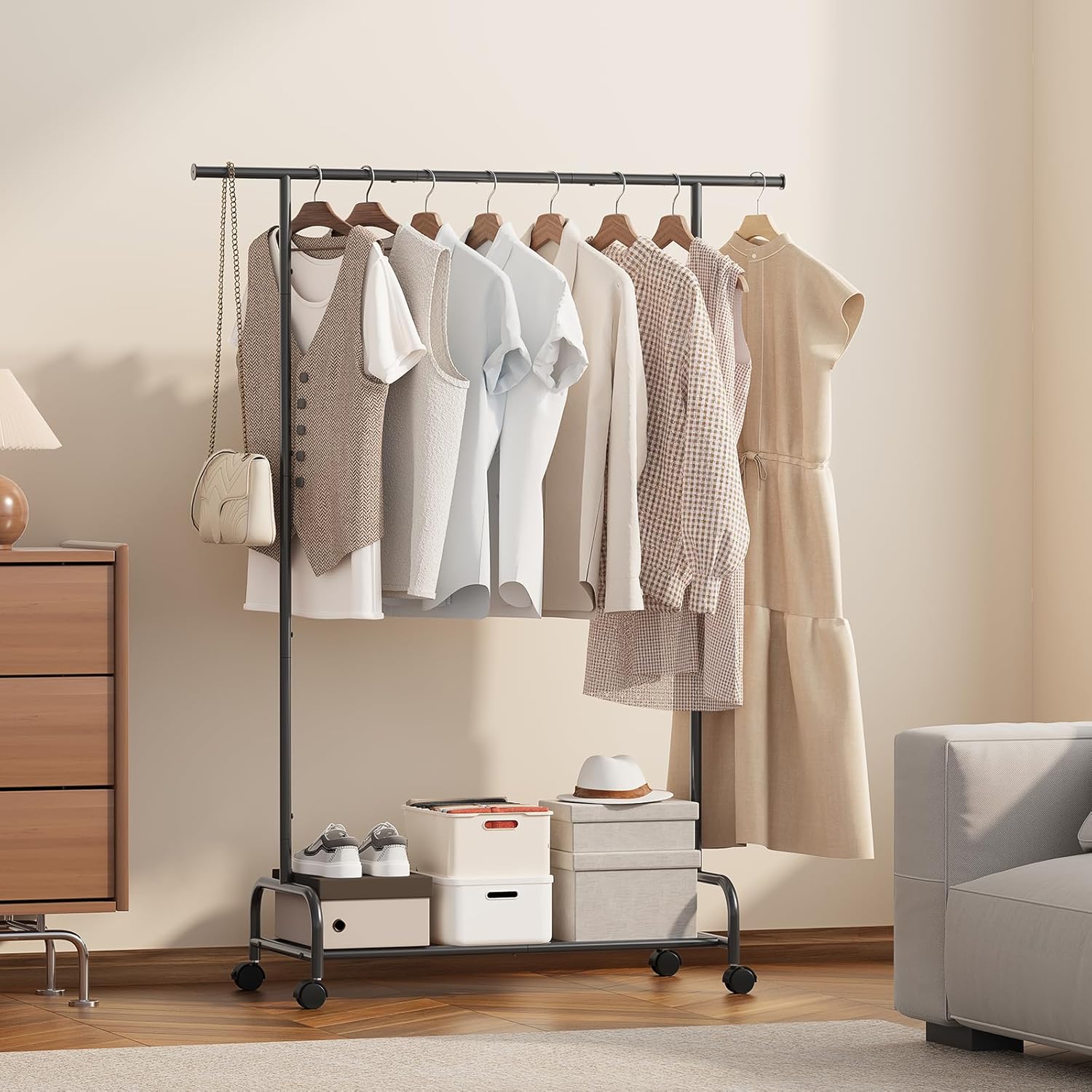 APEXCHASER Clothes Racks, Metal Clothing Racks, Rolling Garment Rack for Hanging Clothes, Coat Rack with Built-In Shelf for Bedroom Laundry Room